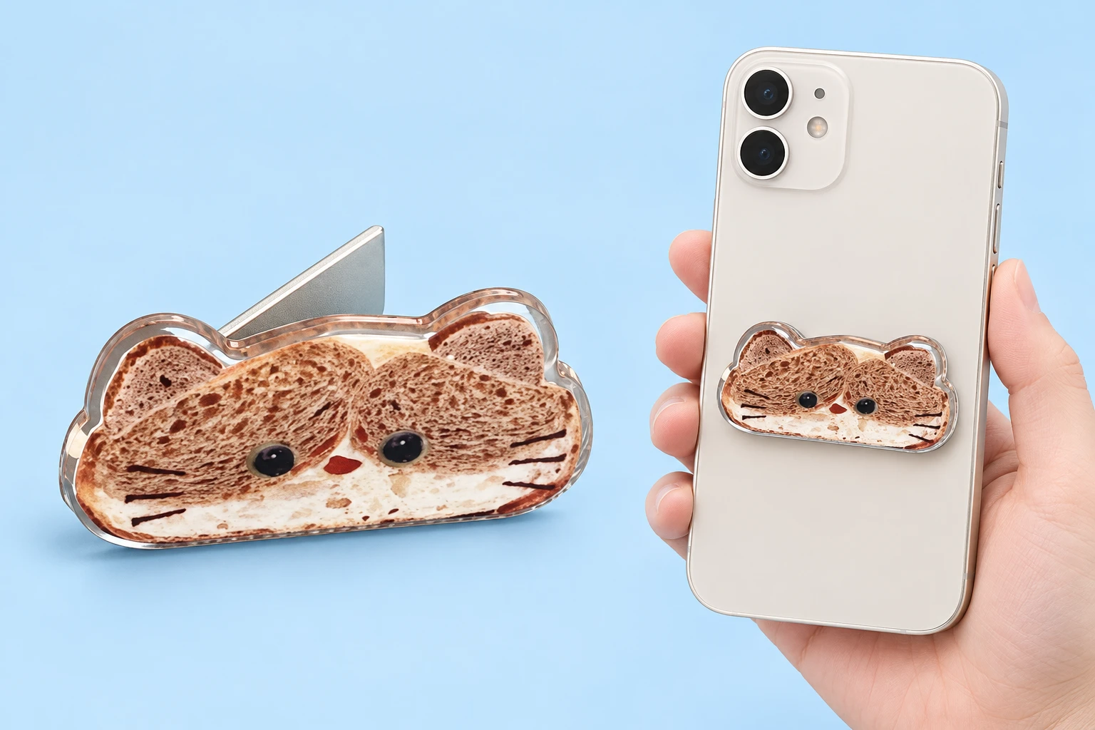 Toast-cat folding phone kickstand shown complete and mounted on a phone