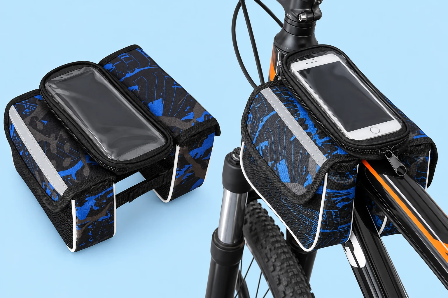 Complete blue-and-black split-saddle bag with its flat phone-window pouch, two flap-topped side compartments and original visible lower textile band at left; the same bag straddling a stationary bicycle top tube at right, against pale blue. Both demonstration phones and bicycle are not included.