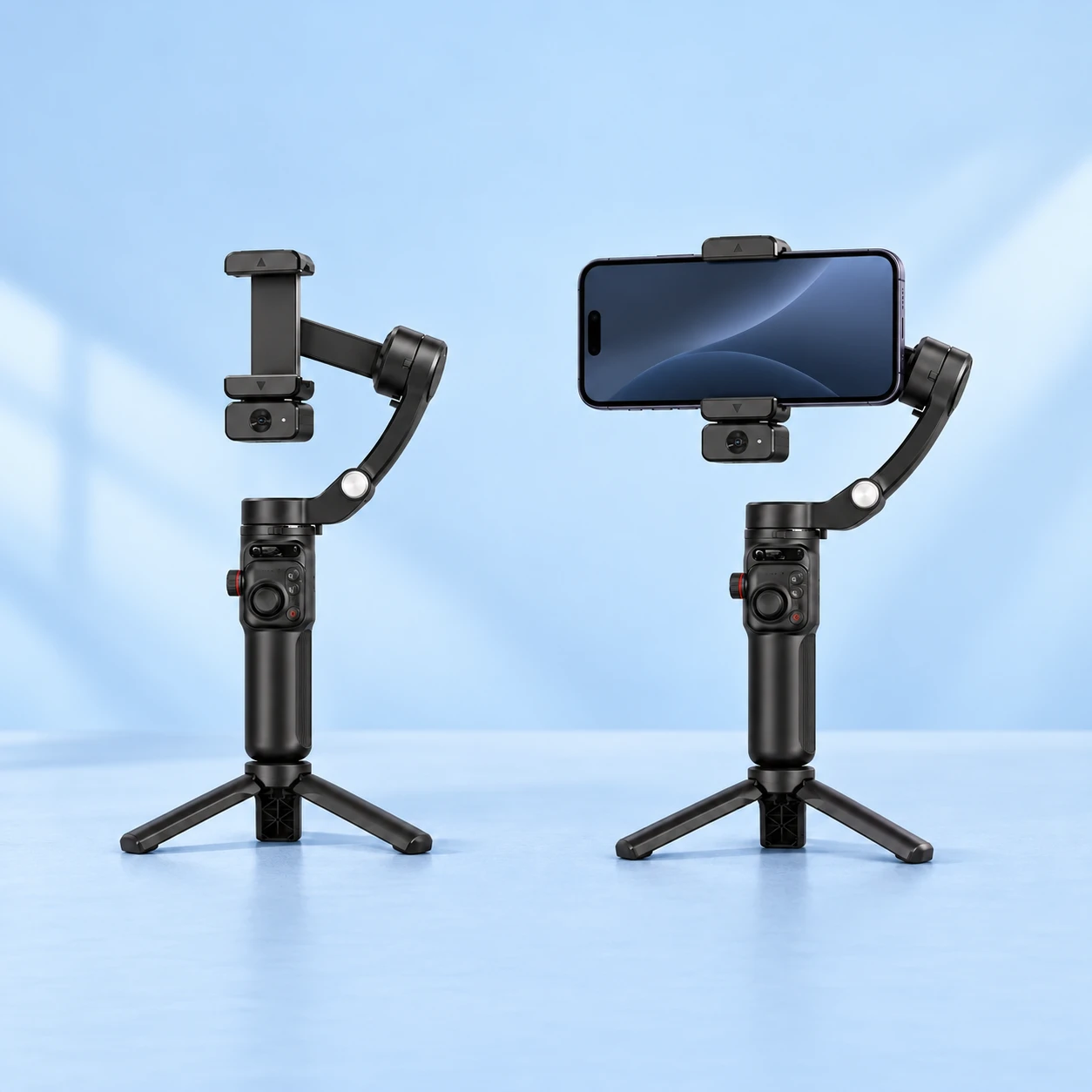 Black M02 AI Tracking Phone Holder with Mini Tripod; product and illustrative use on pale blue. Phone and scene props excluded., square composition