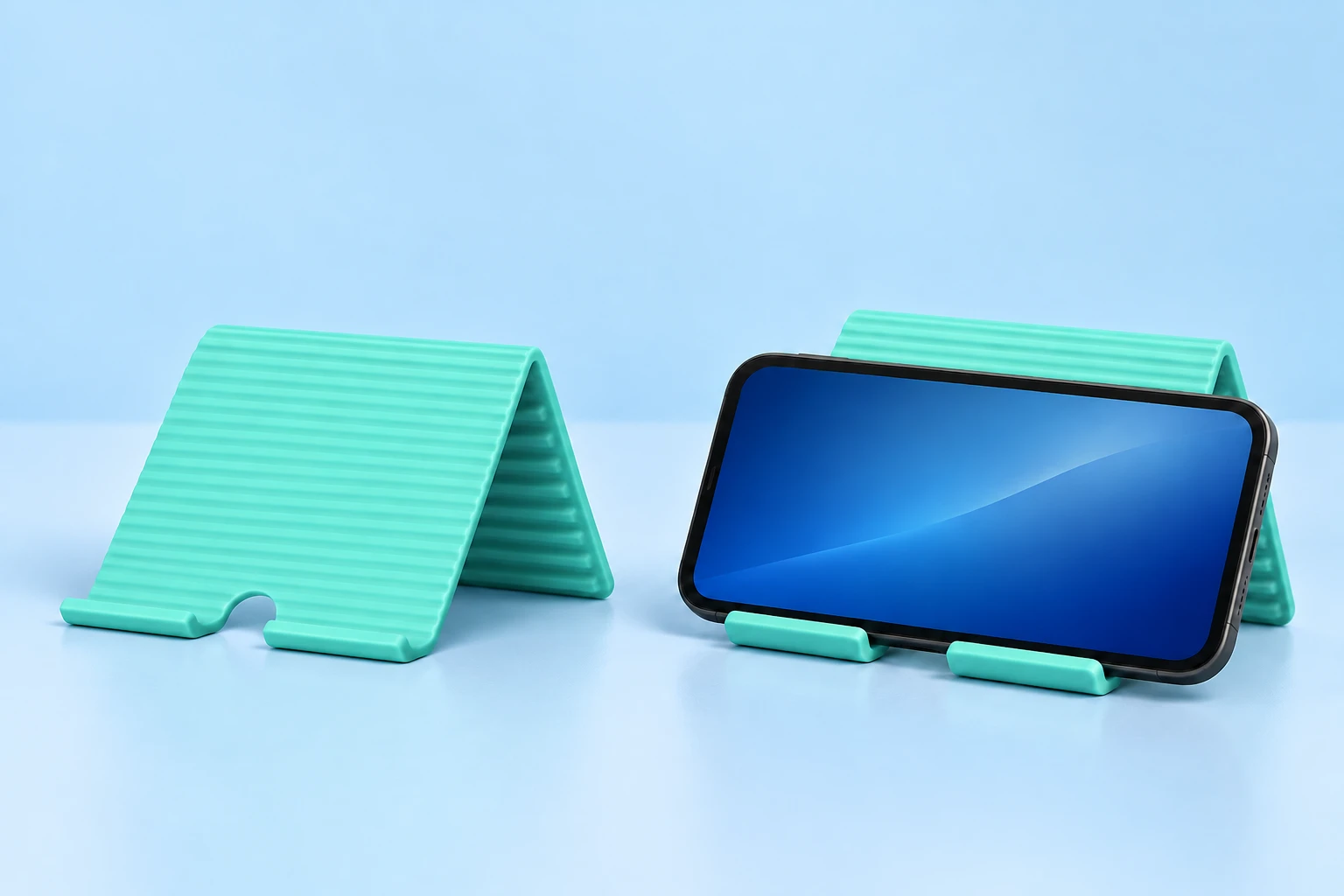 Mint flexible silicone phone stand shown folded and supporting a landscape phone on its split front lip