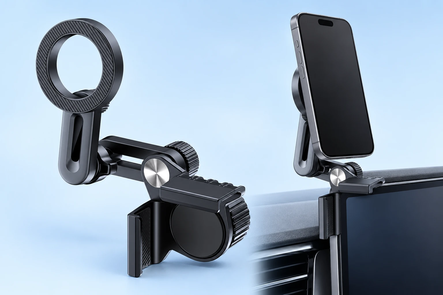 Complete black screen-corner magnetic phone holder with two articulated slotted support stages at left; the same holder supports a compatible portrait phone beside a stationary vehicle display at right on pale blue. Phone and display are not included.