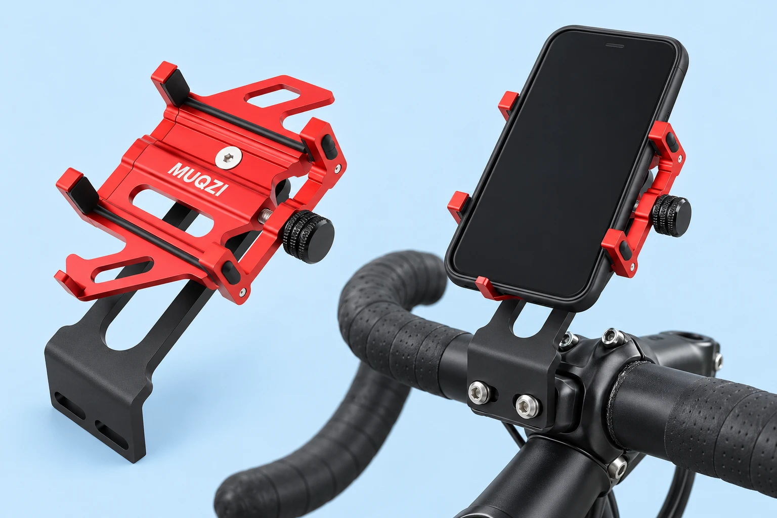 Red fixed five-contact stem-bolt phone holder, complete empty product left and illustrative stationary bicycle phone support right; phone and bicycle excluded.
