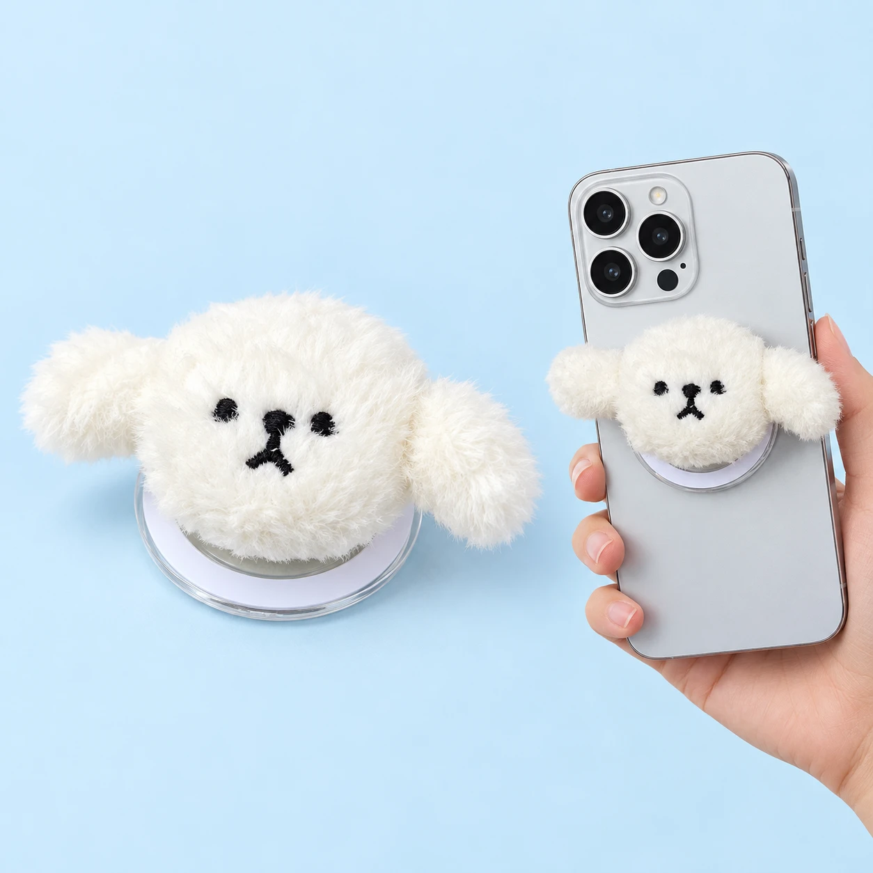 White Plush Puppy Magnetic Expandable Phone Grip photo