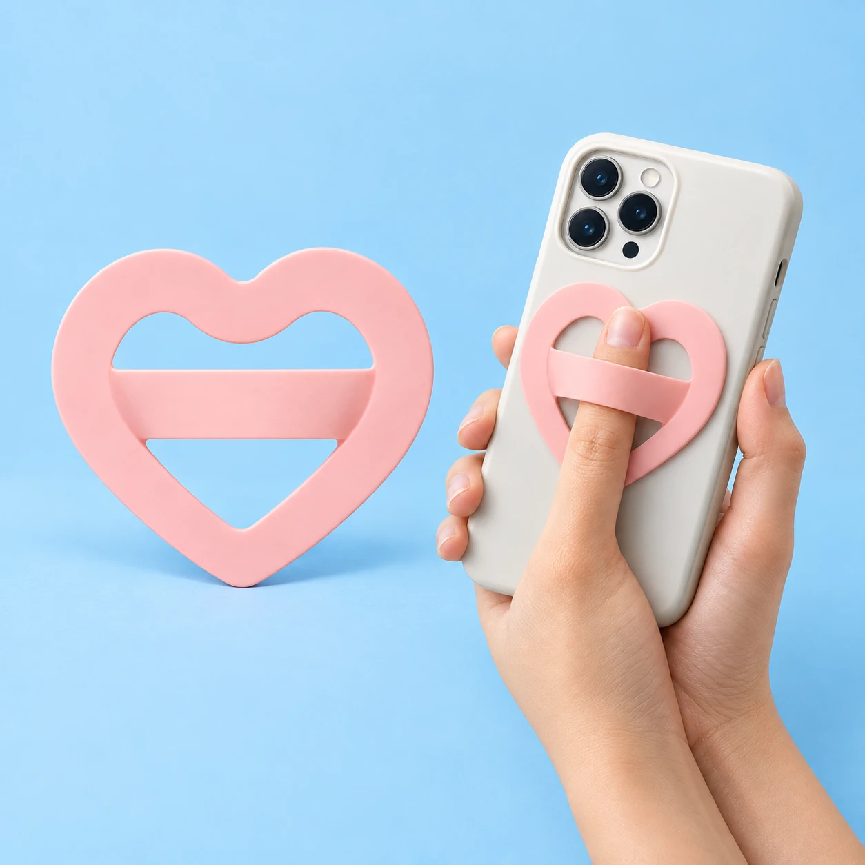 Pastel pink heart-frame silicone phone grip with flexible center band, shown alone and in finger-grip use, square composition