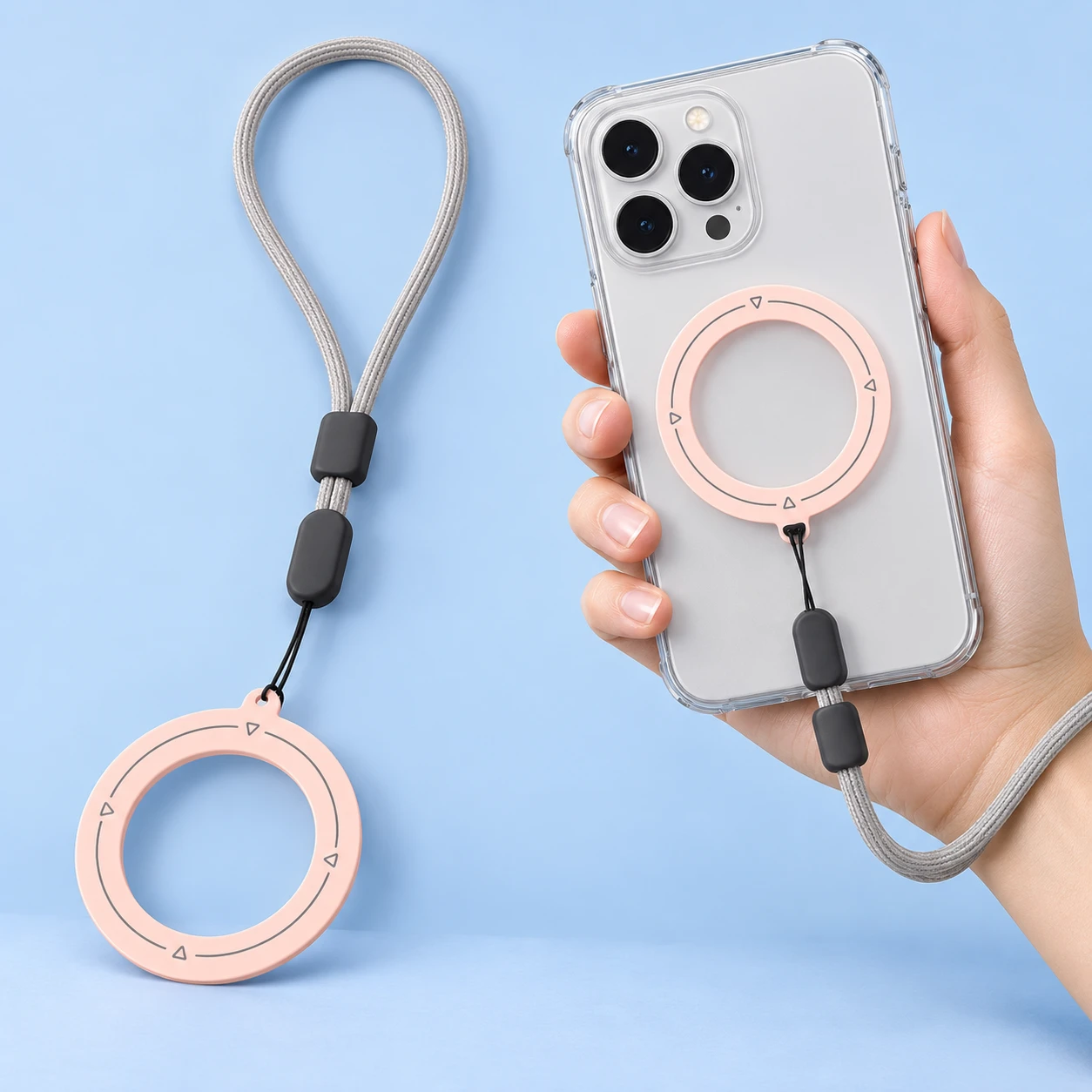 Pale Pink Magnetic Ring Phone Lanyard with Gray Cord