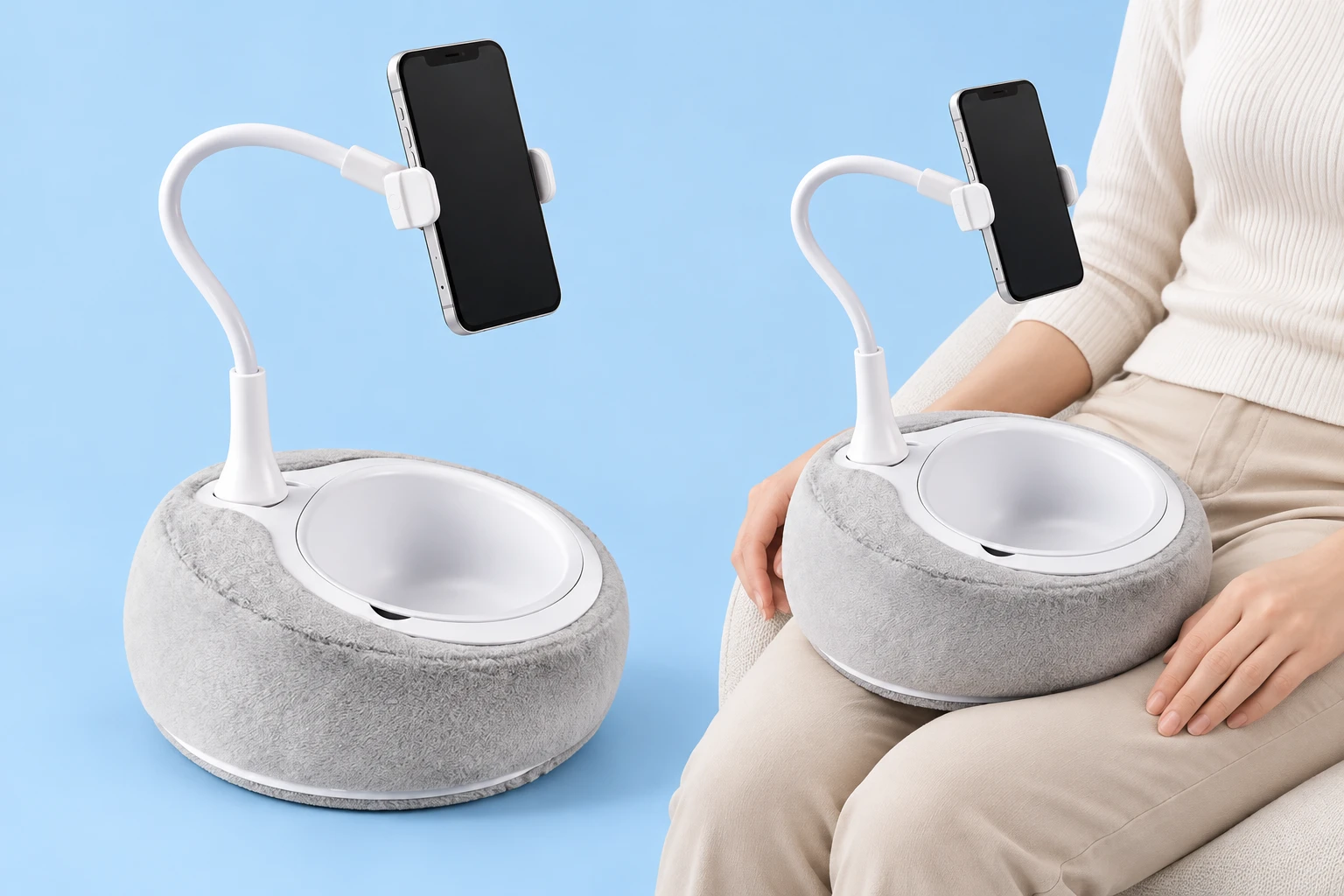 Complete gray plush lap bowl phone holder with its original flared socket, continuous white flexible neck and short phone jaws, beside the same holder resting on a seated adult’s lap on pale blue. Demonstration phones are not included.