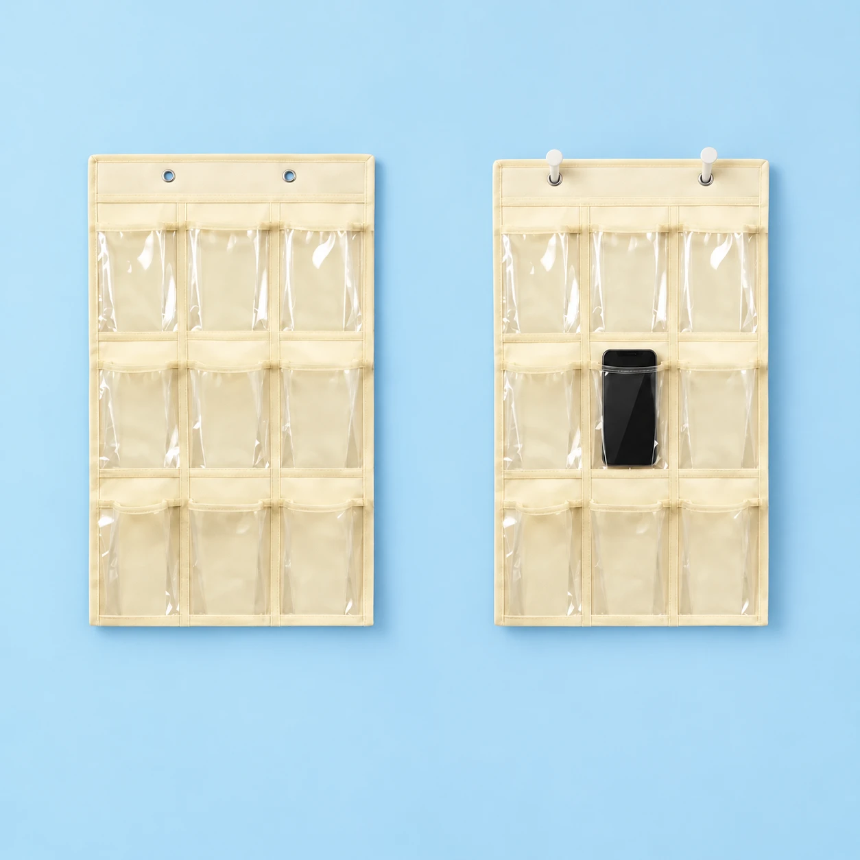 Ivory Nine-Pocket Hanging Phone Storage Panel; product and illustrative use on pale blue. Phone and scene props excluded., square composition