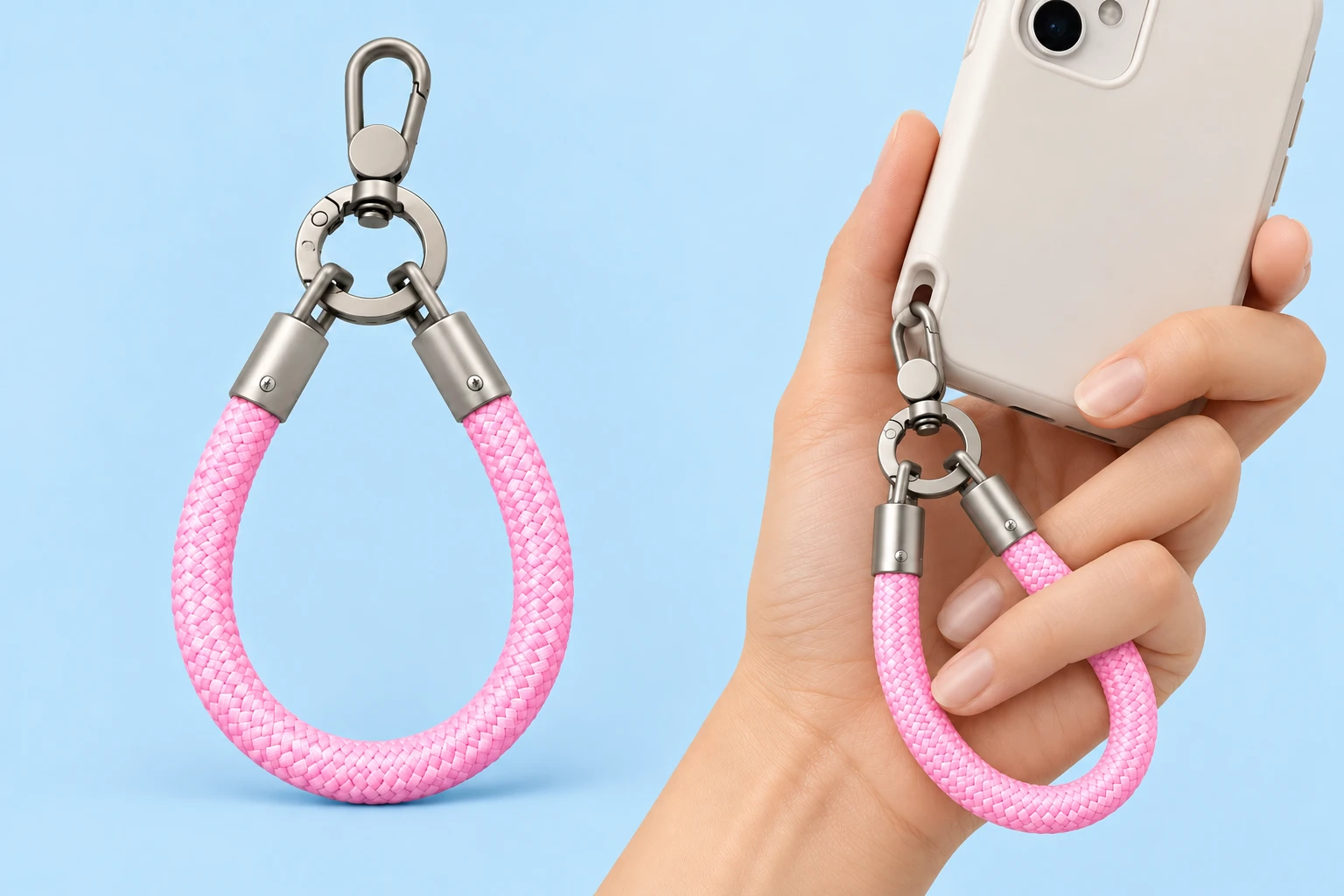 Pink dual-cap cord phone finger loop shown complete on the left, with its two separate cap eyes, common round ring and original oblong clasp; on the right the same original clasp connects directly through a compatible case’s integral eyelet while the hand supports the phone and fingers engage the loop. Phone and case not included.