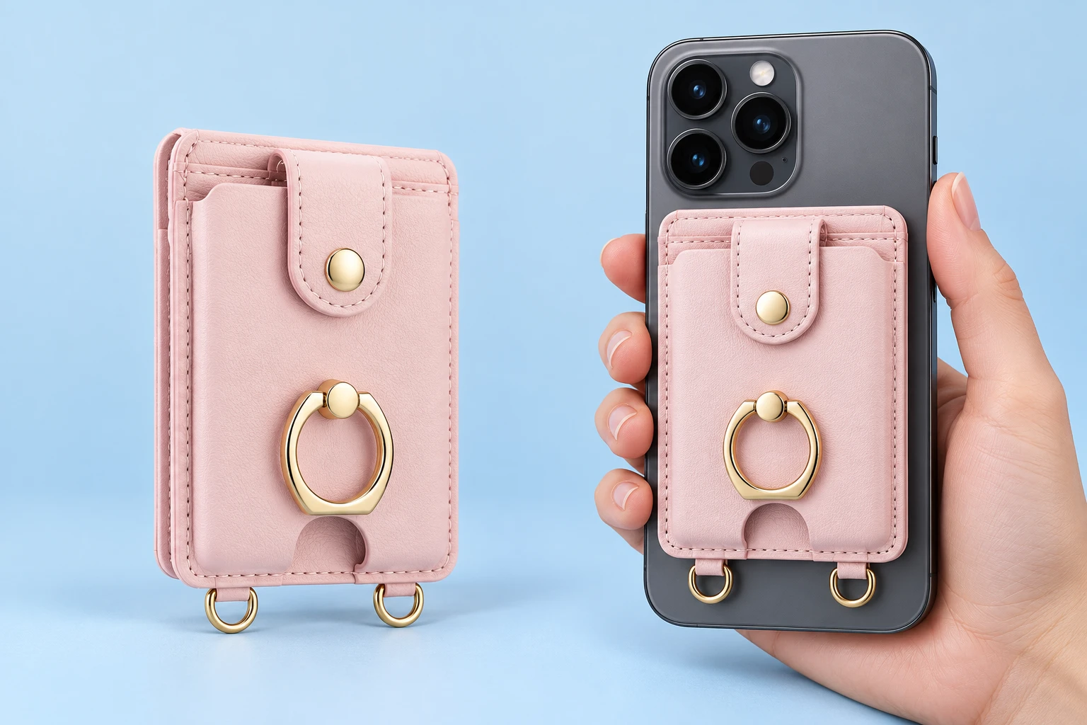 Pastel pink snap-tab wallet phone stand with small hinged ring and two empty D-loops, shown closed on phone
