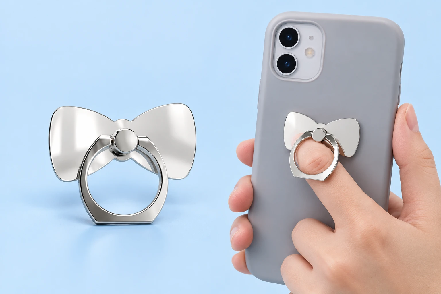 Mirrored bow phone ring holder and illustrative finger-loop use