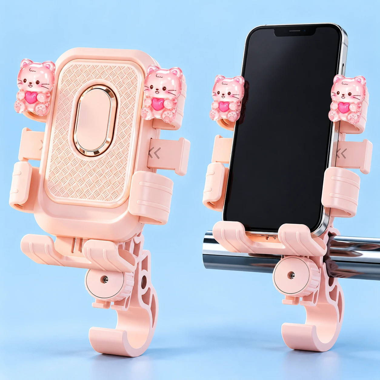 Pink Heart-Cat Handlebar Phone Holder with Hook