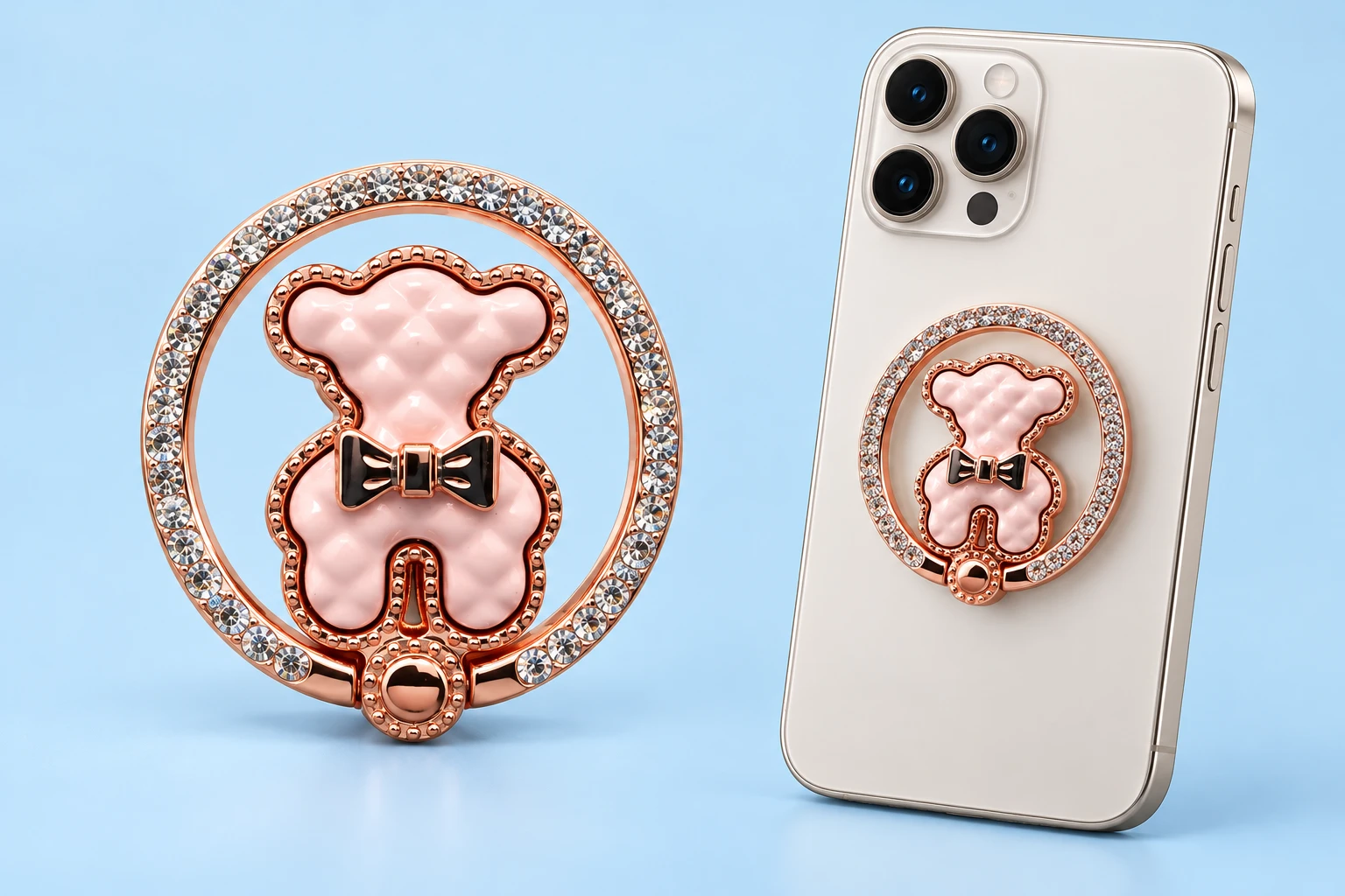 Pink Bow-Bear Jeweled Outer-Ring Phone Holder