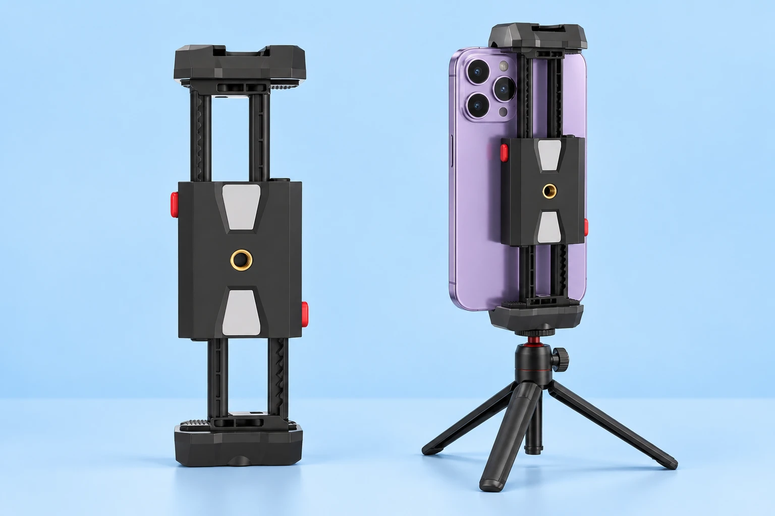 Complete black two-stage double-pull phone clamp at left, and the same clamp retaining a portrait phone on a demonstration mini tripod at right, against pale blue. Phone and tripod are not included.