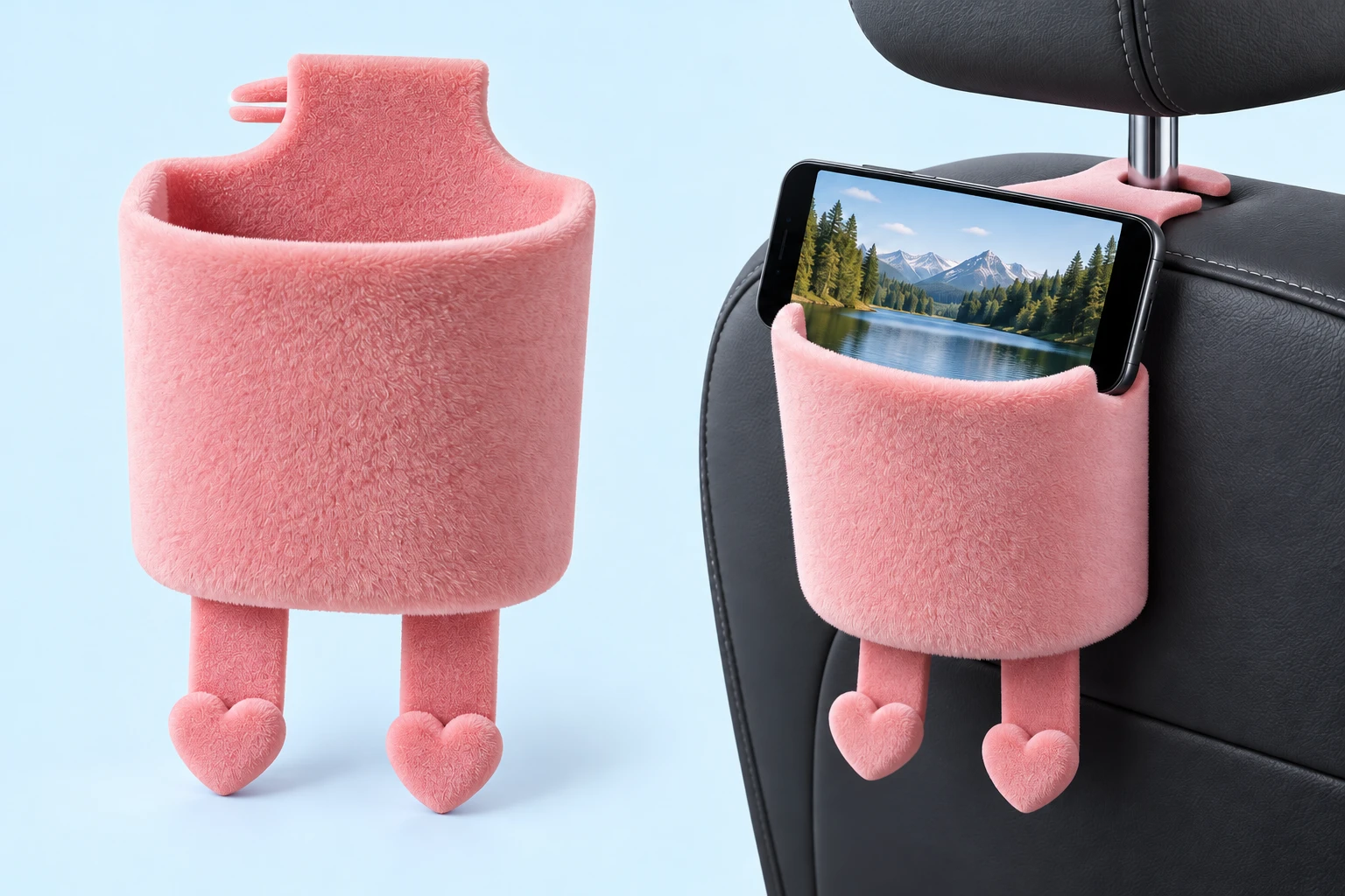 Pink flocked headrest phone pocket with heart-ended hooks and illustrative landscape phone use