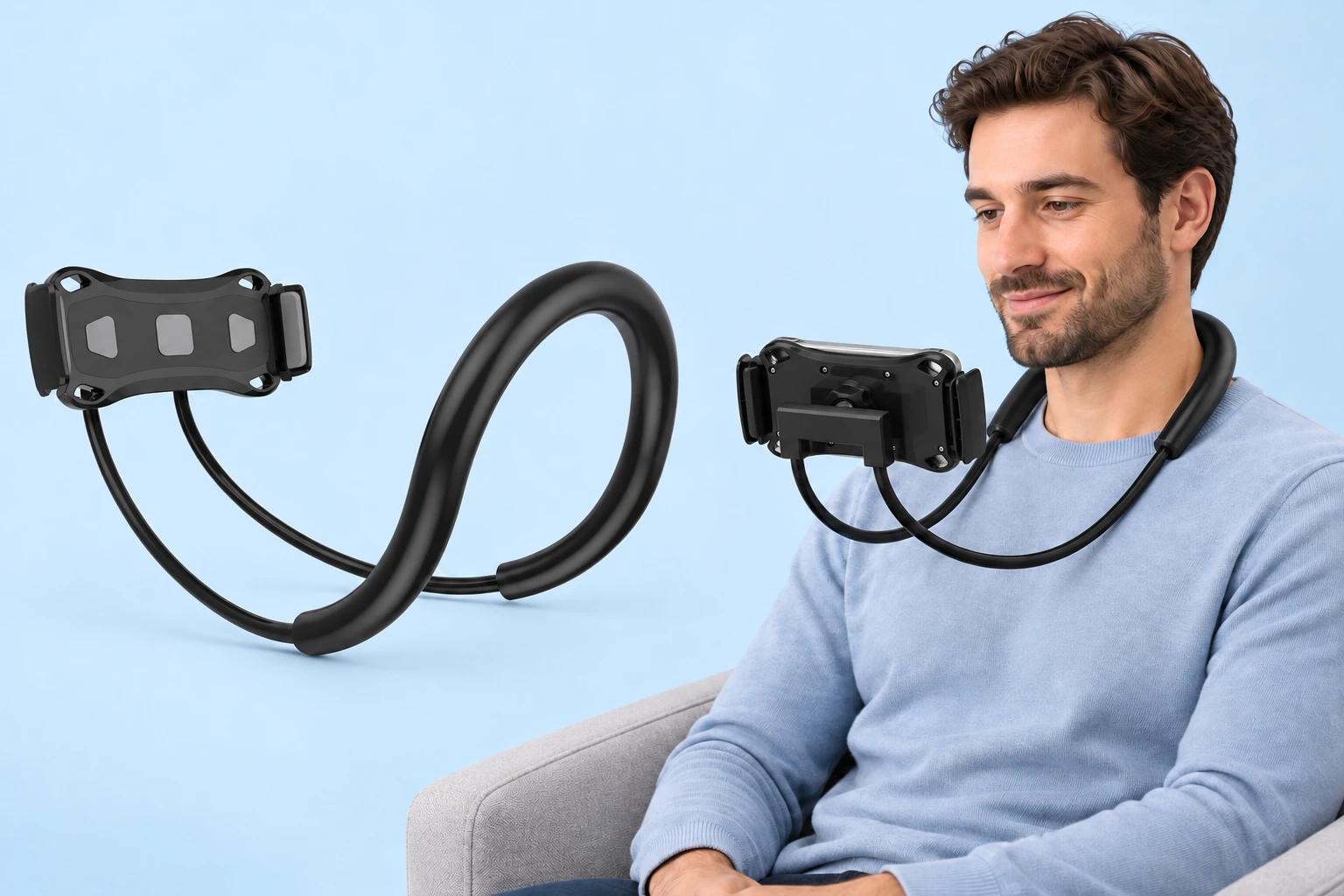 Complete black twin-arm neck phone holder with its broad clamping cradle at left; the same original padded neck U, two arms, rear U bridge and central joint hold a landscape phone during illustrated stationary seated use at right, against pale blue. Phone and chair are not included.