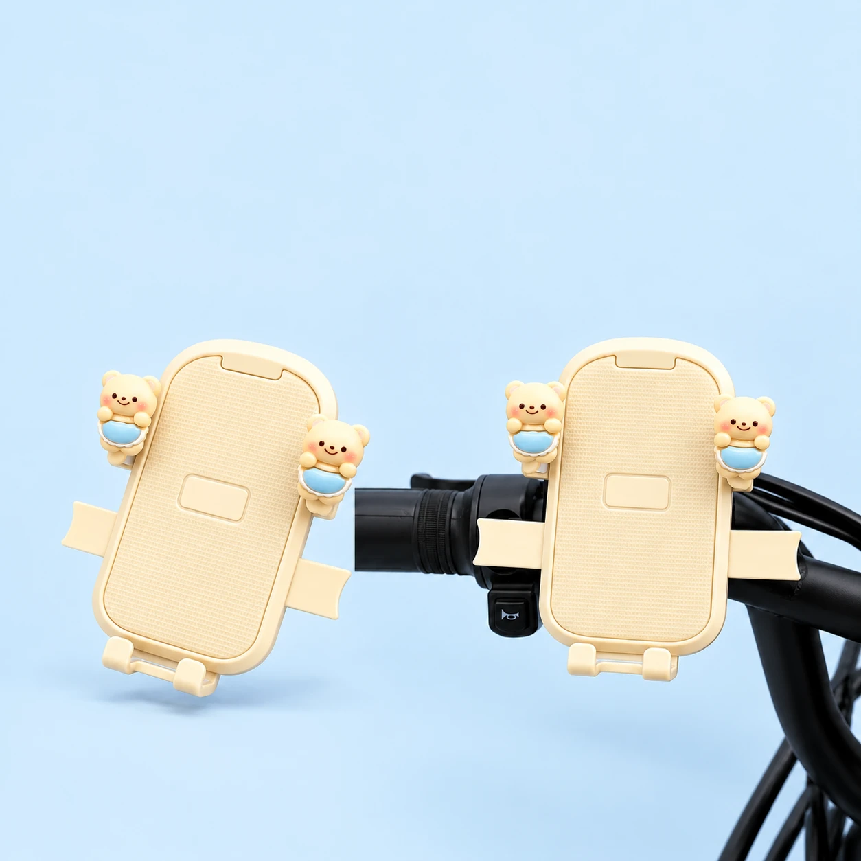 Cream bib-bear handlebar phone holder shown empty and mounted on a stationary handlebar, square composition