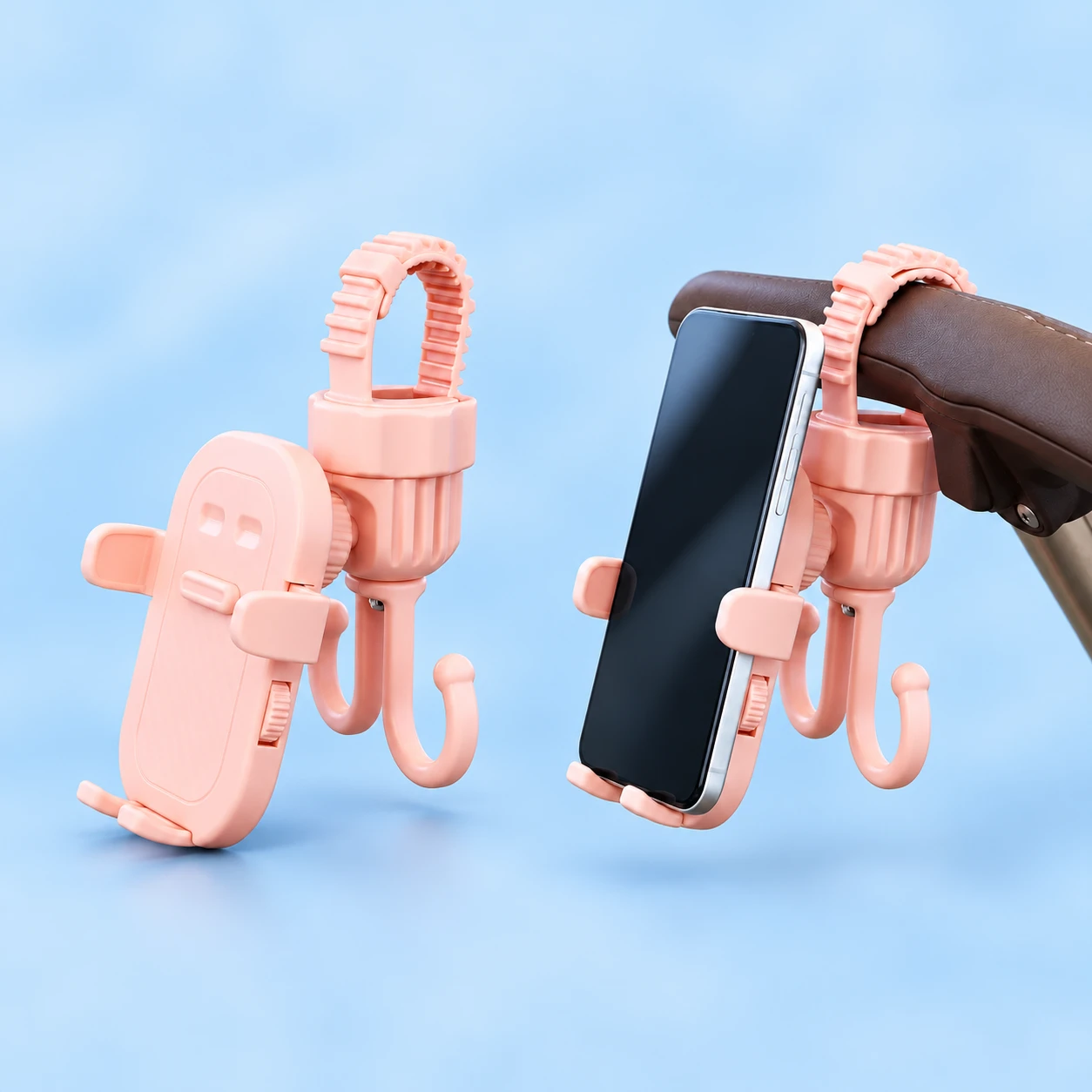 Pastel Pink Penguin-Clamp Stroller Phone Holder with Twin Hooks