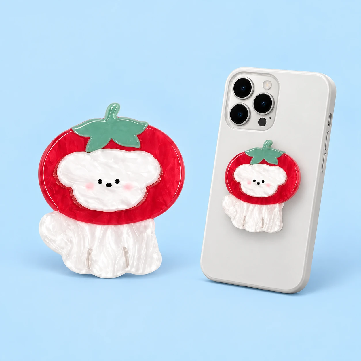 Red tomato-hood puppy phone grip and closed phone-case mounting illustration, square composition
