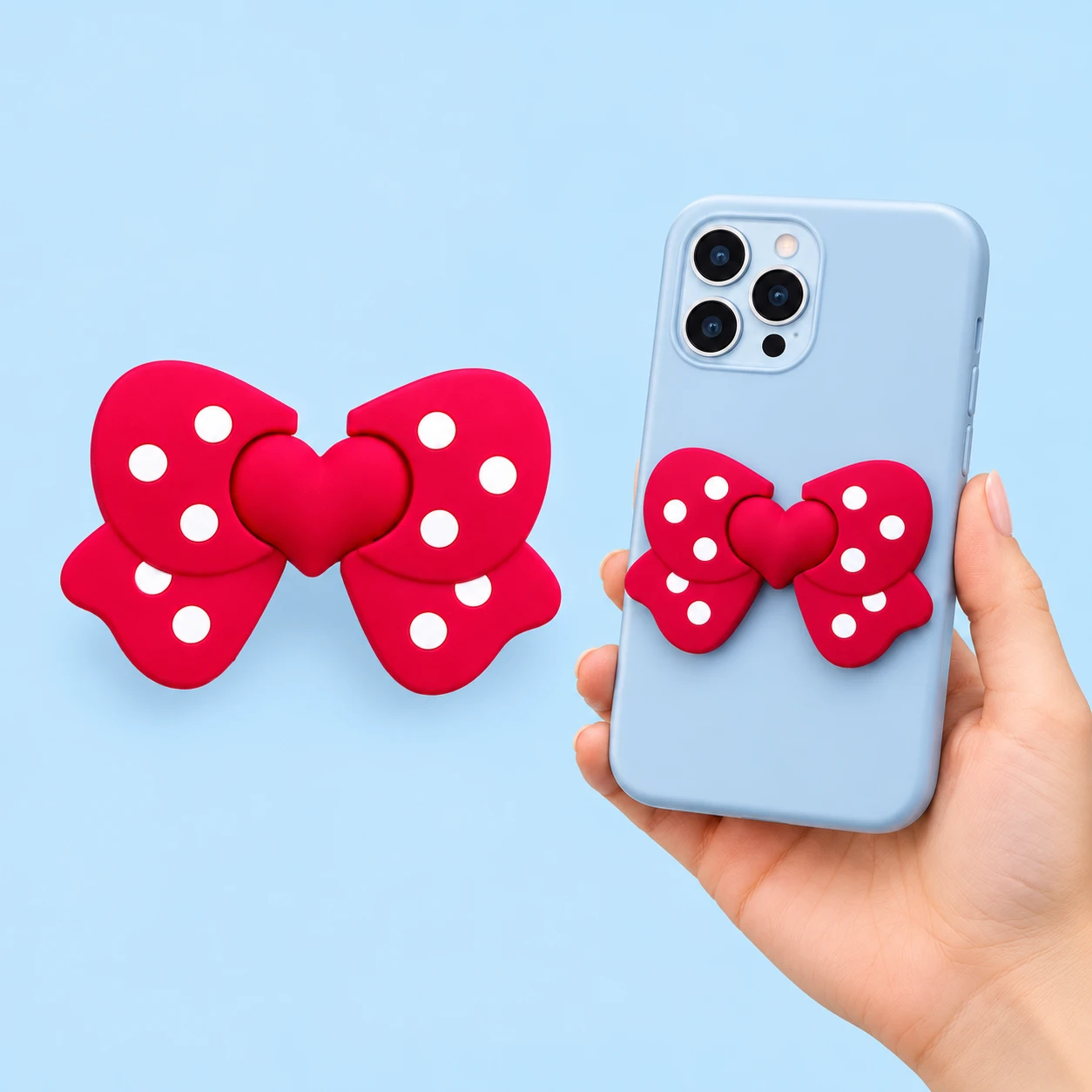 Red polka-dot bow phone kickstand with raised heart center shown complete and flat-mounted on an illustrative phone case, square composition