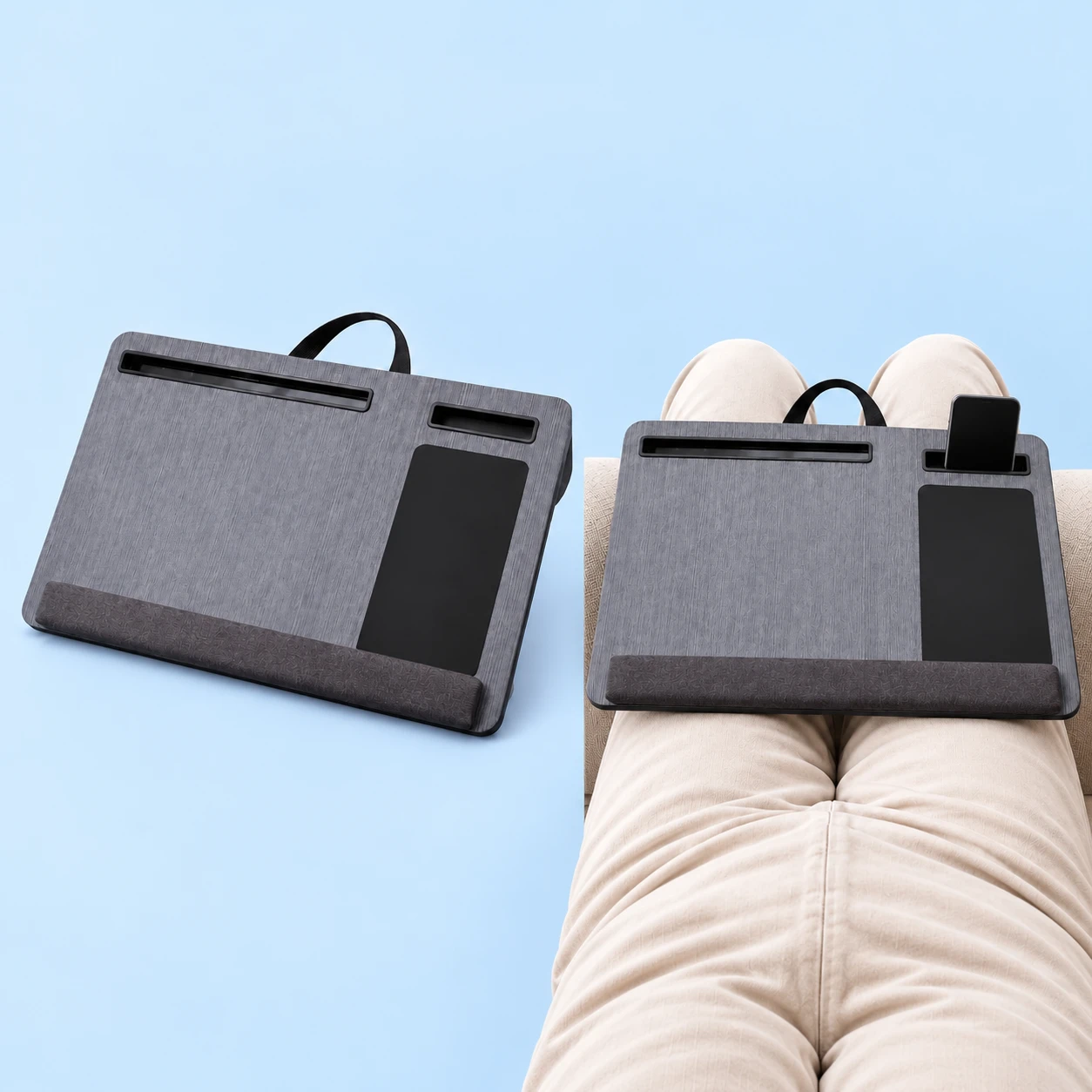 Black Brushed Phone-Slot Lapboard; product and illustrative use on pale blue. Phone and scene props excluded., square composition