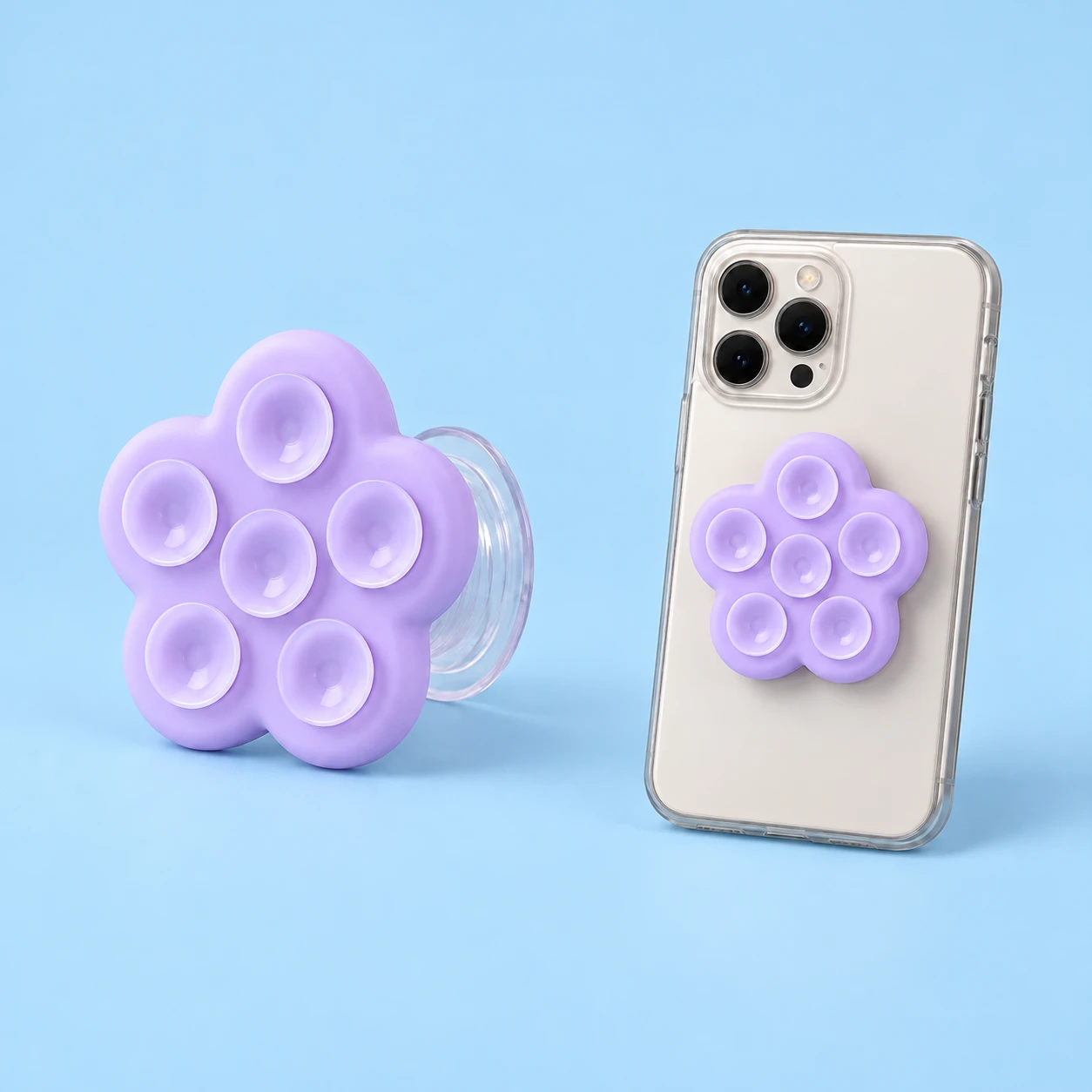 Lilac five-petal flower phone grip with six suction cups and a clear expandable stem, square composition