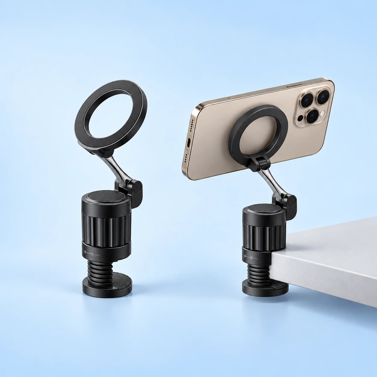 Black TB-6250 Barrel-Screw Edge-Clamp Phone Holder; product and illustrative use on pale blue. Phone and scene props excluded., square composition