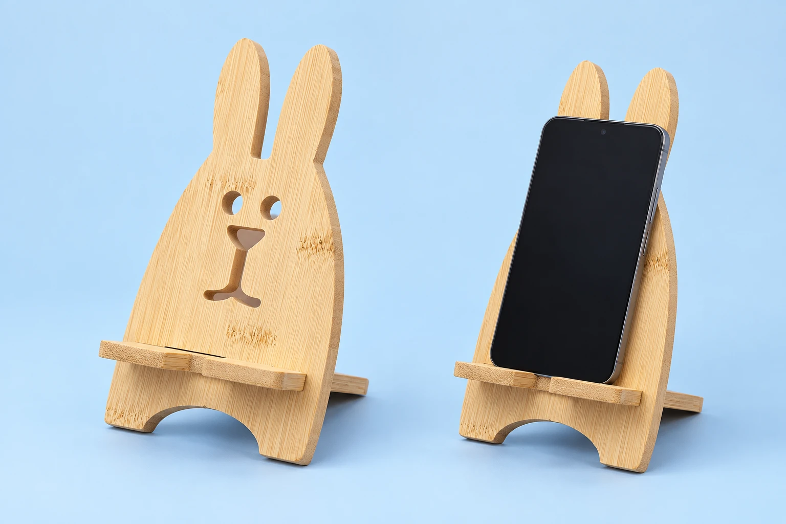 Narrow-eared bamboo rabbit stand with interlocking shelf and portrait phone illustration
