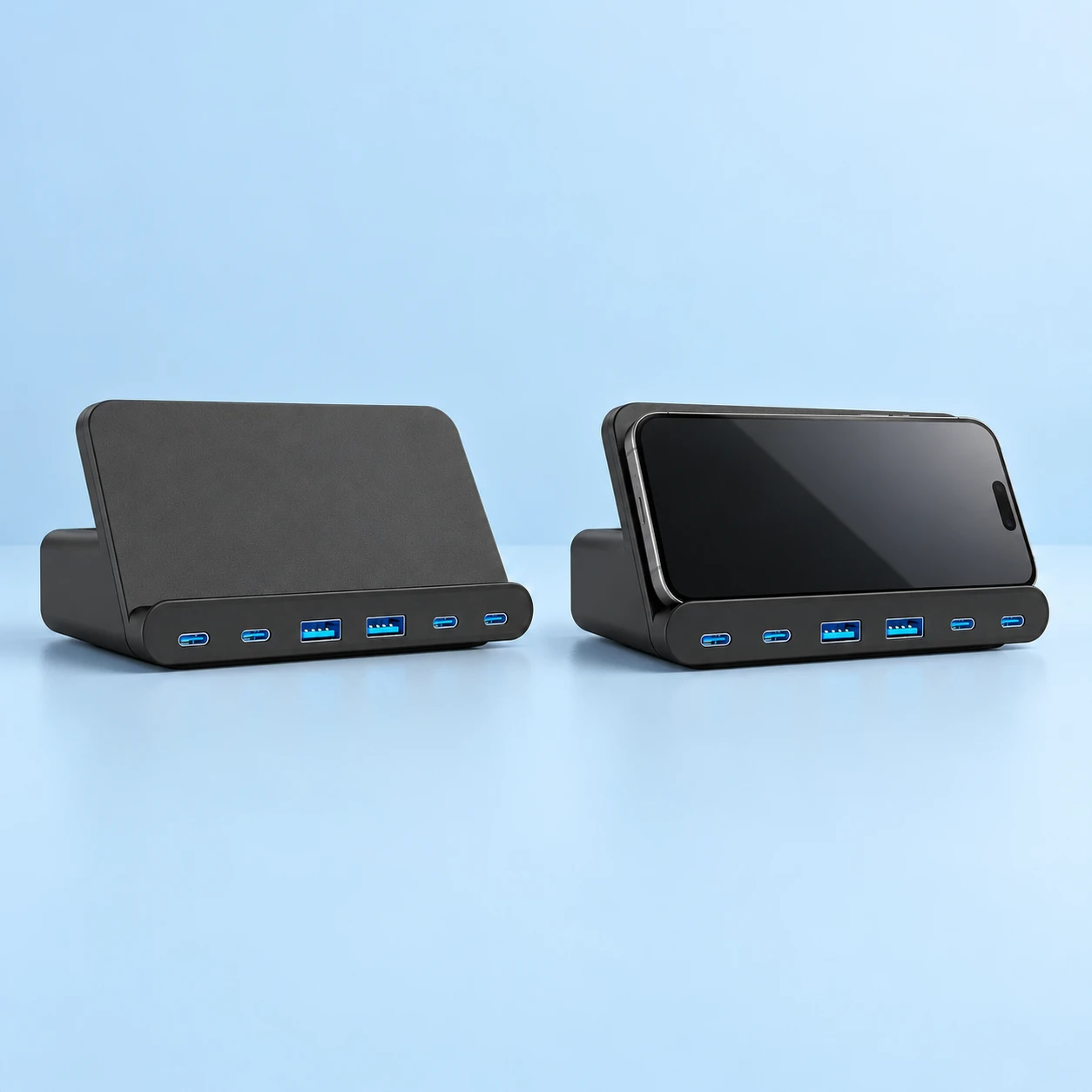 Black Wide-Panel Multi-Port Desktop Phone Charging Stand; product and illustrative use on pale blue. Phone and scene props excluded., square composition