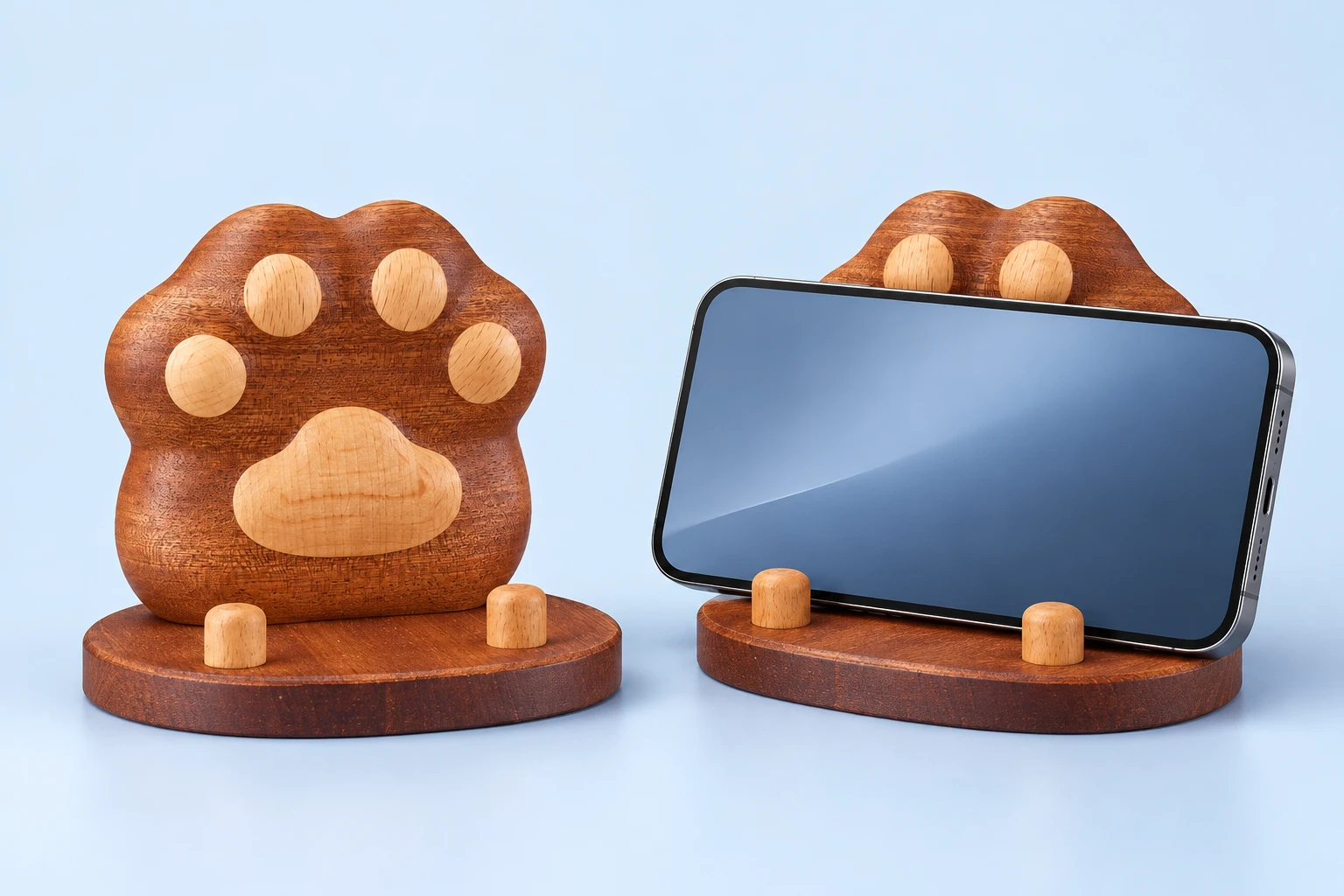 Two-tone wooden cat paw phone stand with oval base and two front retaining pegs