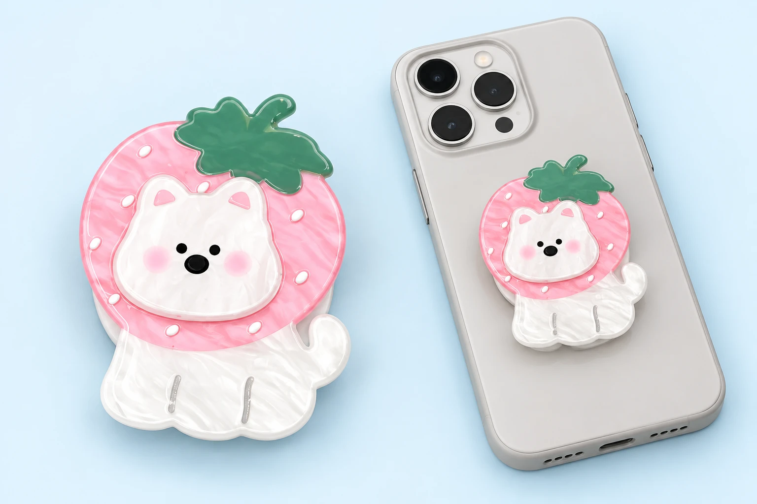 Pink strawberry-hood puppy phone grip and closed phone-case mounting illustration