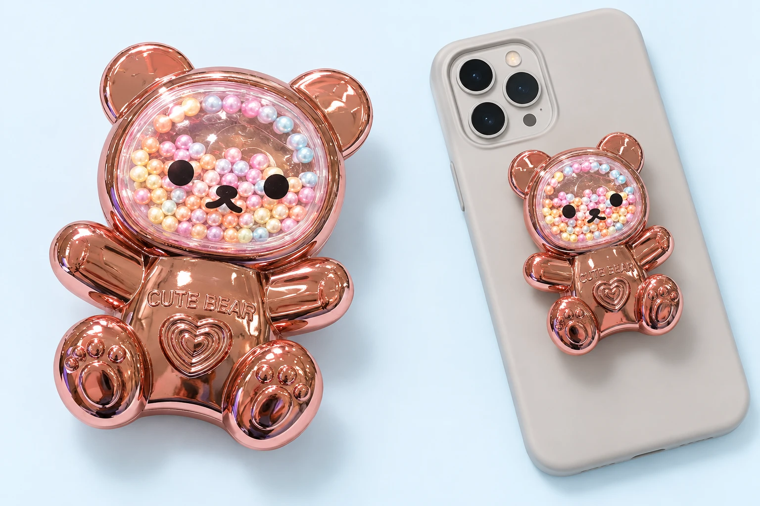 Rose-Gold-Tone Bead-Filled Bear Expandable Phone Grip