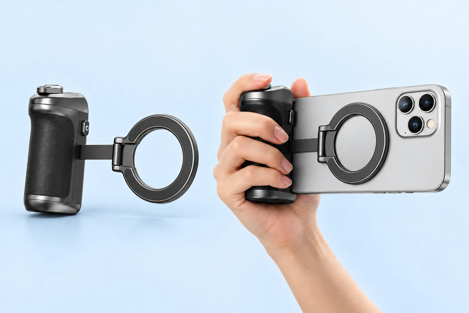 Complete black capsule phone grip with its original slim quick-release bridge and open magnetic ring at left; the same grip held in one hand with a landscape demonstration phone at right, against a pale-blue background. Phone is not included.
