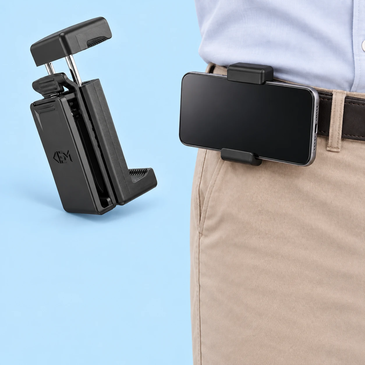 Black Twin-Rod Belt-Clip Phone Holder; product and illustrative use on pale blue. Phone and scene props excluded., square composition