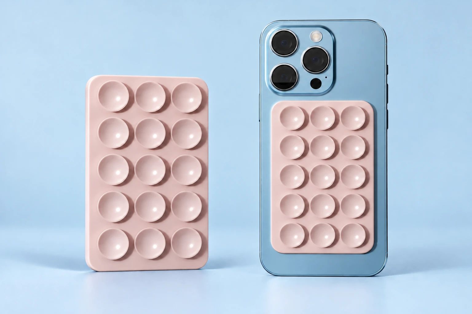 Soft pink fifteen-cup magnetic suction phone pad shown complete and flat-mounted on a phone