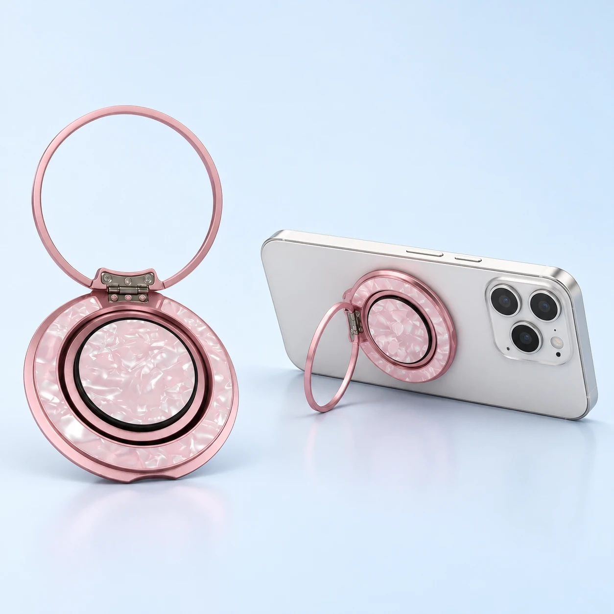 Cherry-pink inlaid phone ring with independent inner flip grip and outer support ring, shown as one complete product and in compatible magnetic-case use.