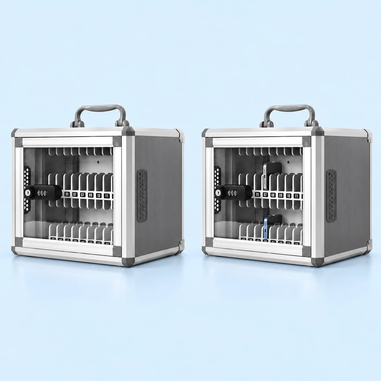 Silver Two-Tier Front-Door Phone Storage Cabinet; product and illustrative use on pale blue. Phone and scene props excluded., square composition