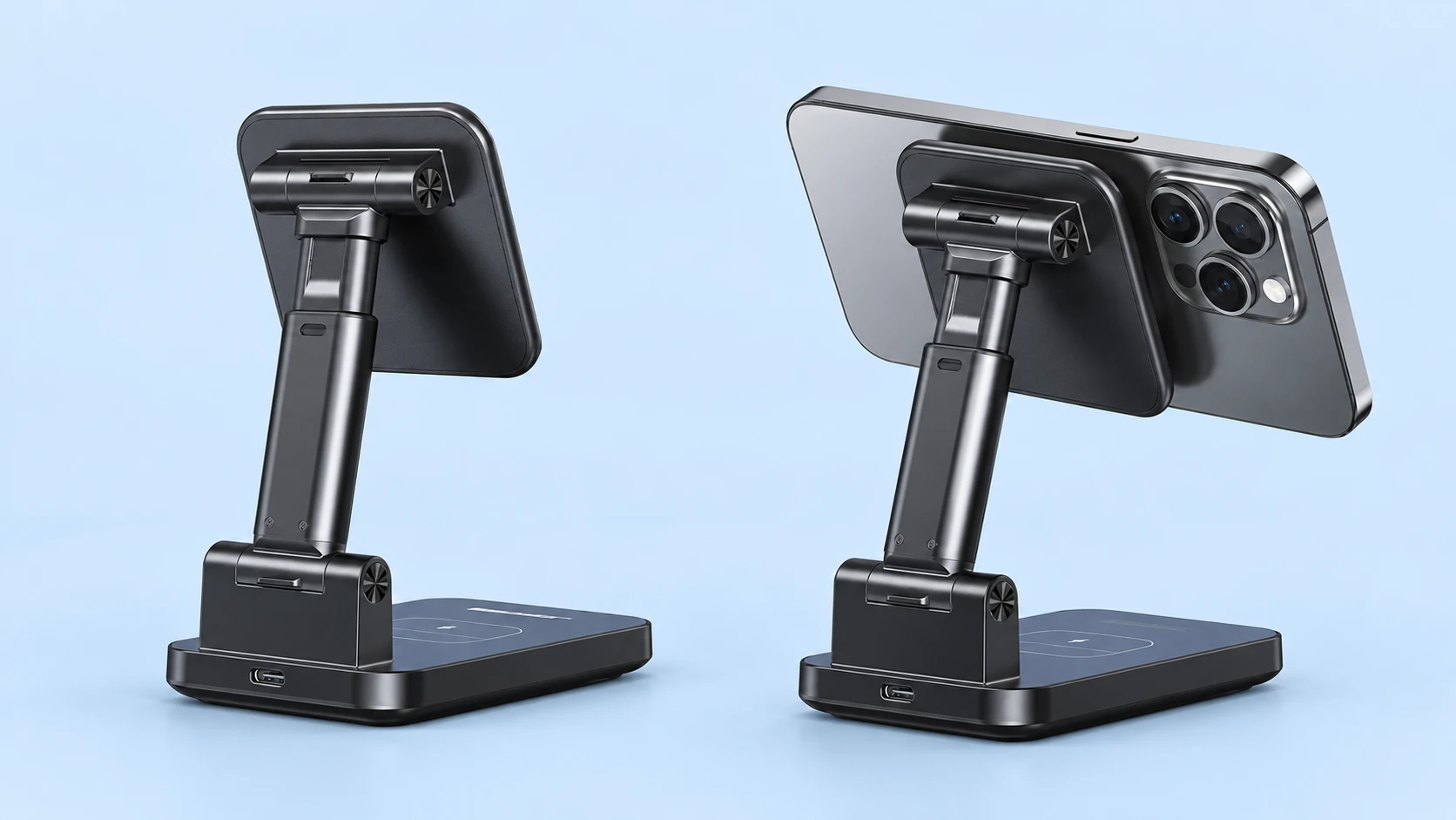 Black telescoping magnetic charging phone stand on pale blue, complete empty rear view at left and the same original rectangular pad supporting a landscape demonstration phone at right. Phone not included.