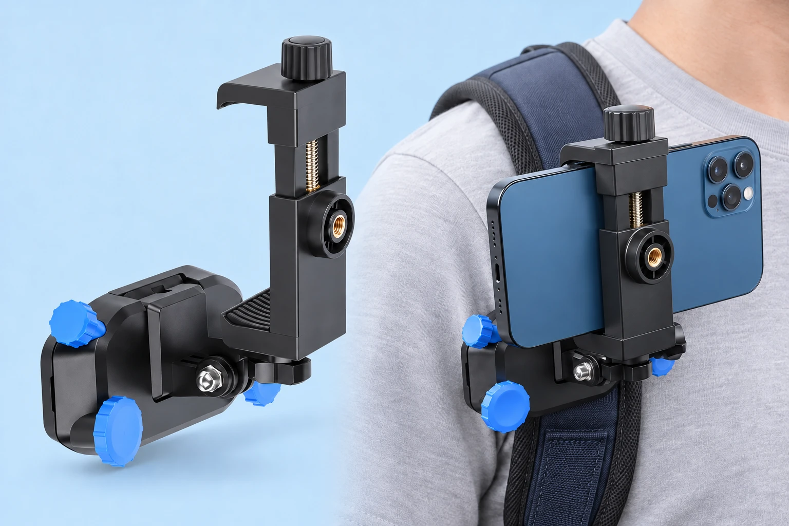 Complete blue-knob screw-clamp backpack phone holder at left; the same direct-pivot holder carrying an illustrative phone on a stationary adult backpack shoulder strap at right, against pale blue.