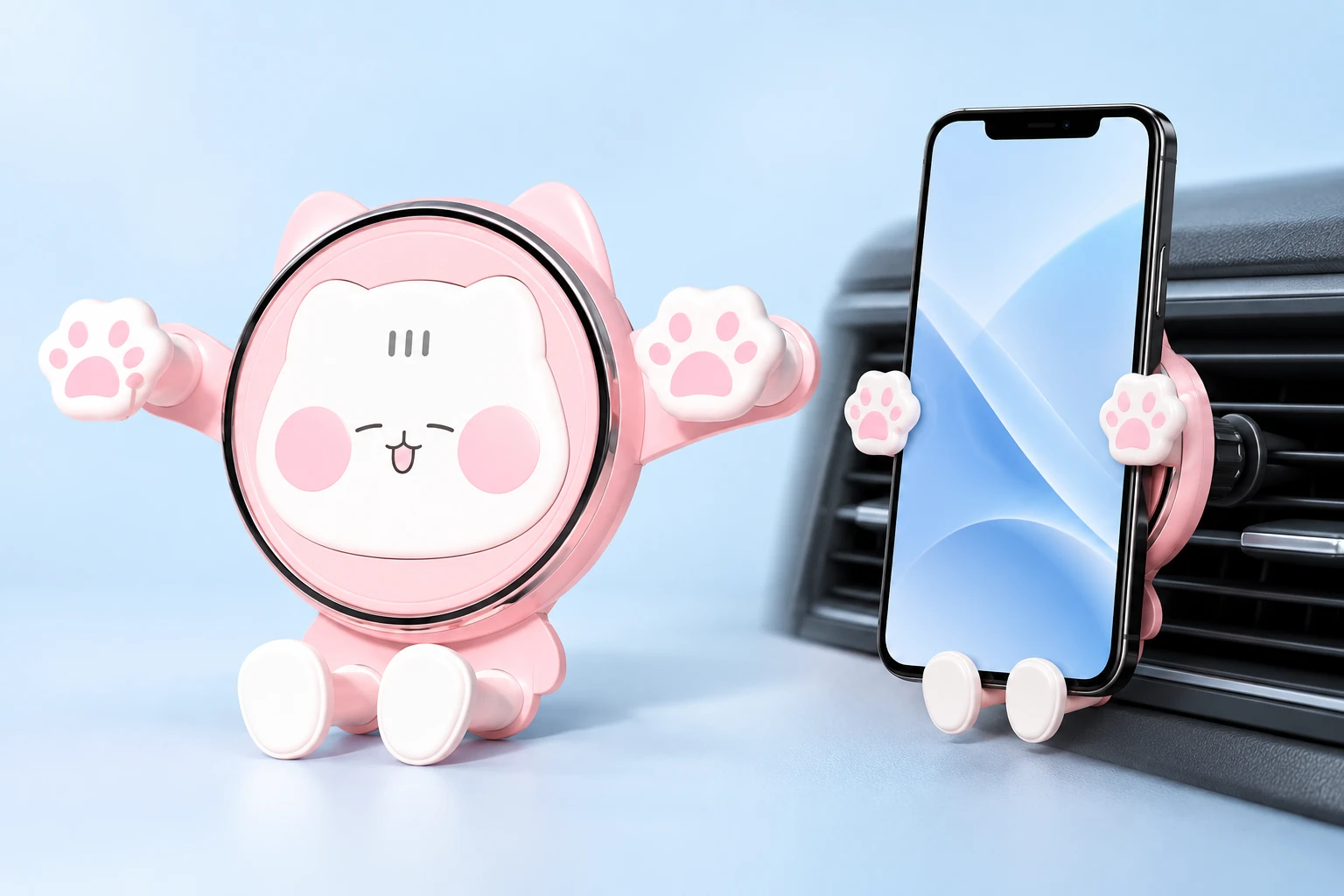 Pink cat-paw gravity car vent phone holder shown complete and supporting a portrait phone