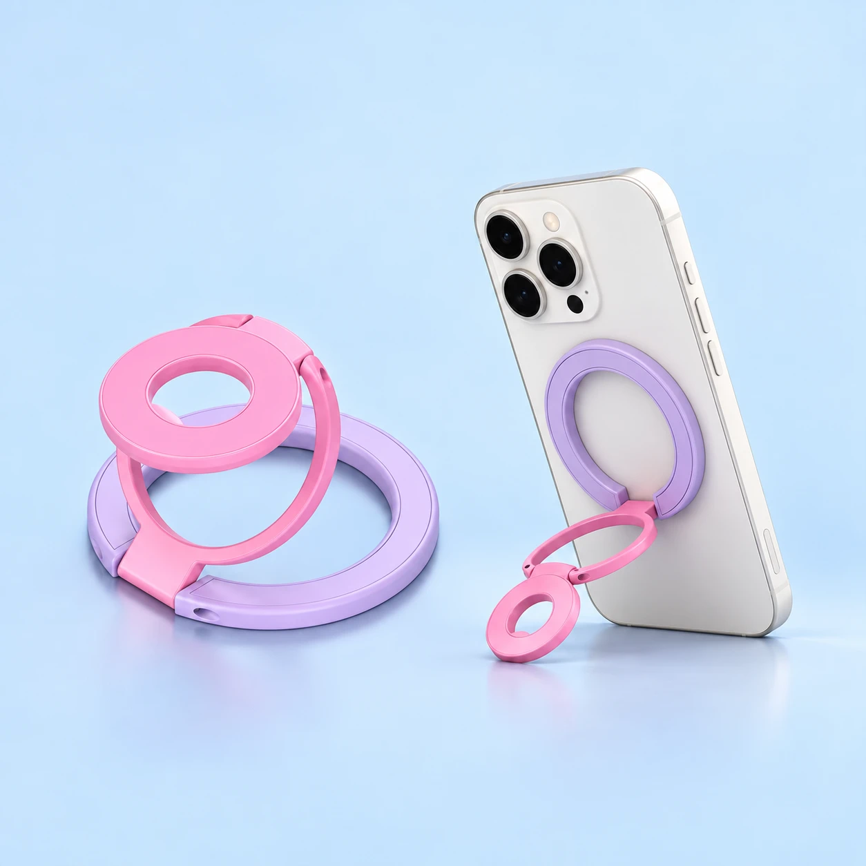 Lilac and pink nested-ring magnetic phone stand with hinged rings and source-matched portrait phone support, square composition