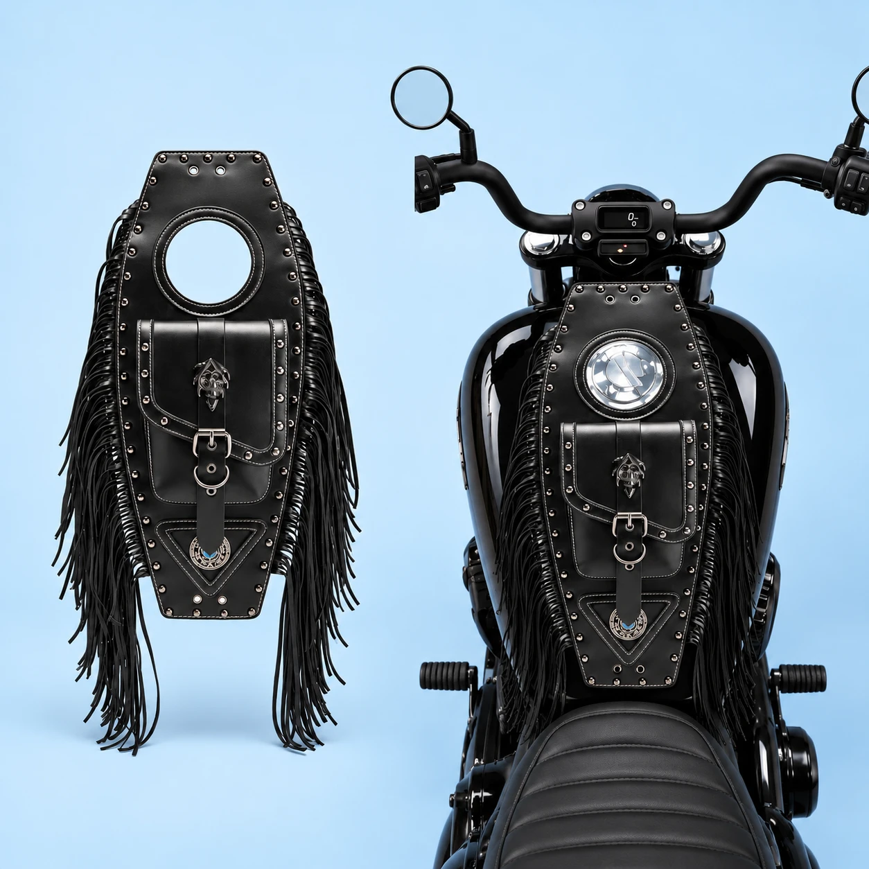 Black Studded Fringe Motorcycle Tank Bib with Buckle Phone Pocket