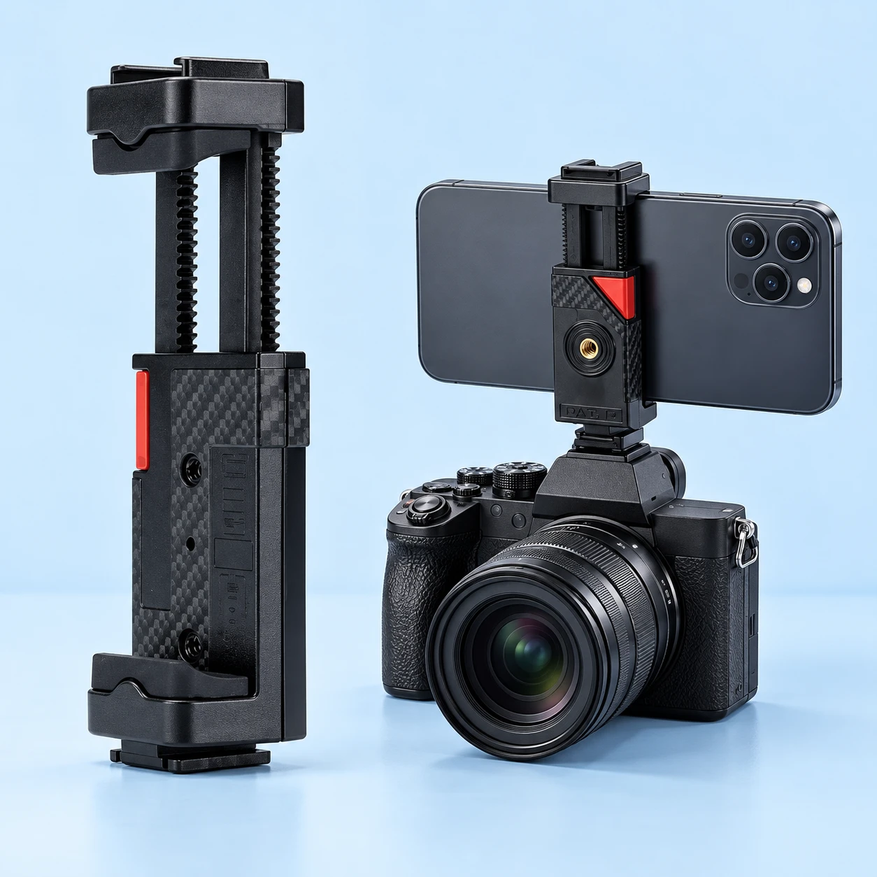 Complete black push-release phone clamp with its original toothed rails and jaws at left; the same clamp holding an illustrative landscape phone directly on a stationary camera at right, against pale blue. Phone and camera are not included.