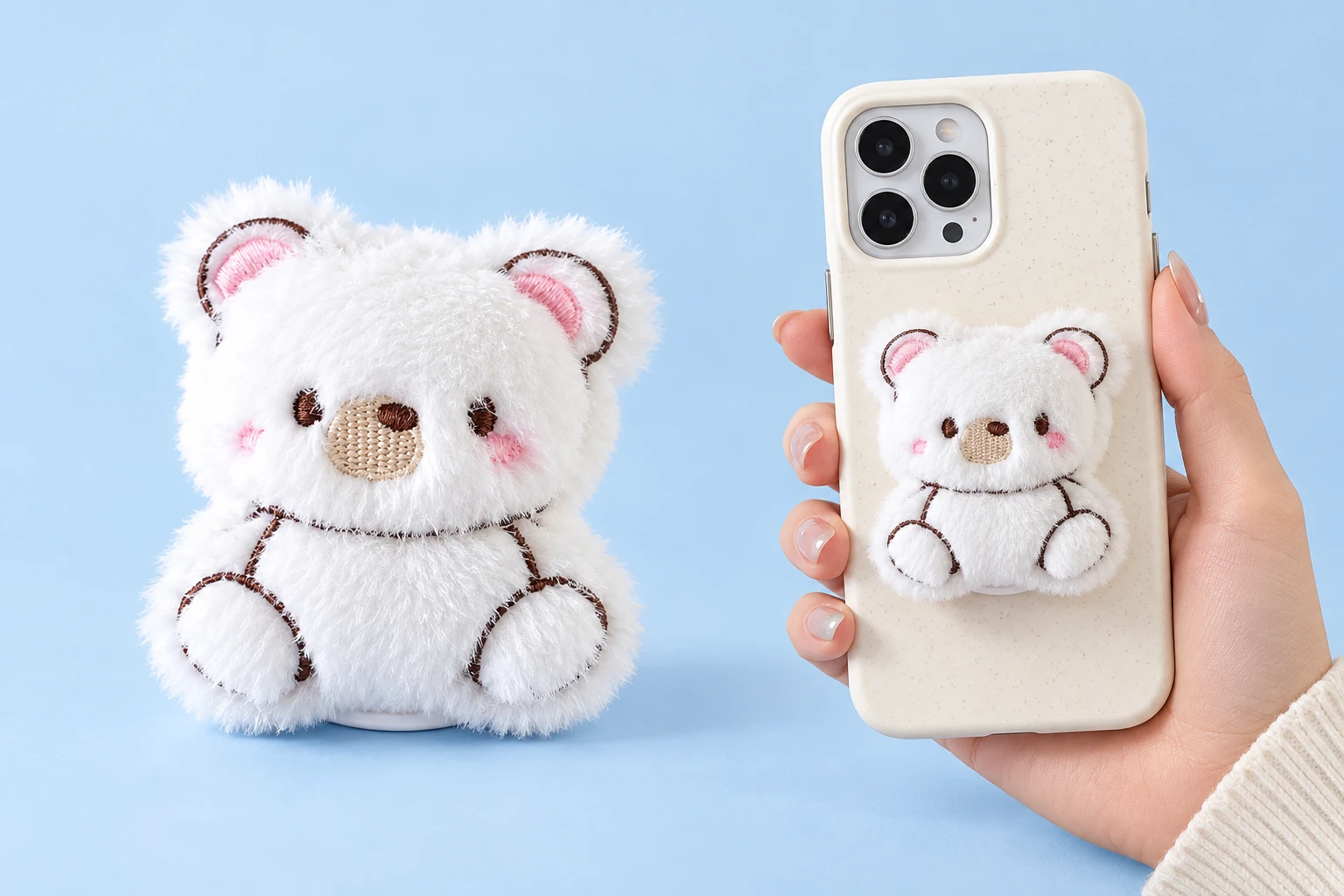 White embroidered seated bear plush phone grip shown complete and closed on a hand-held phone case