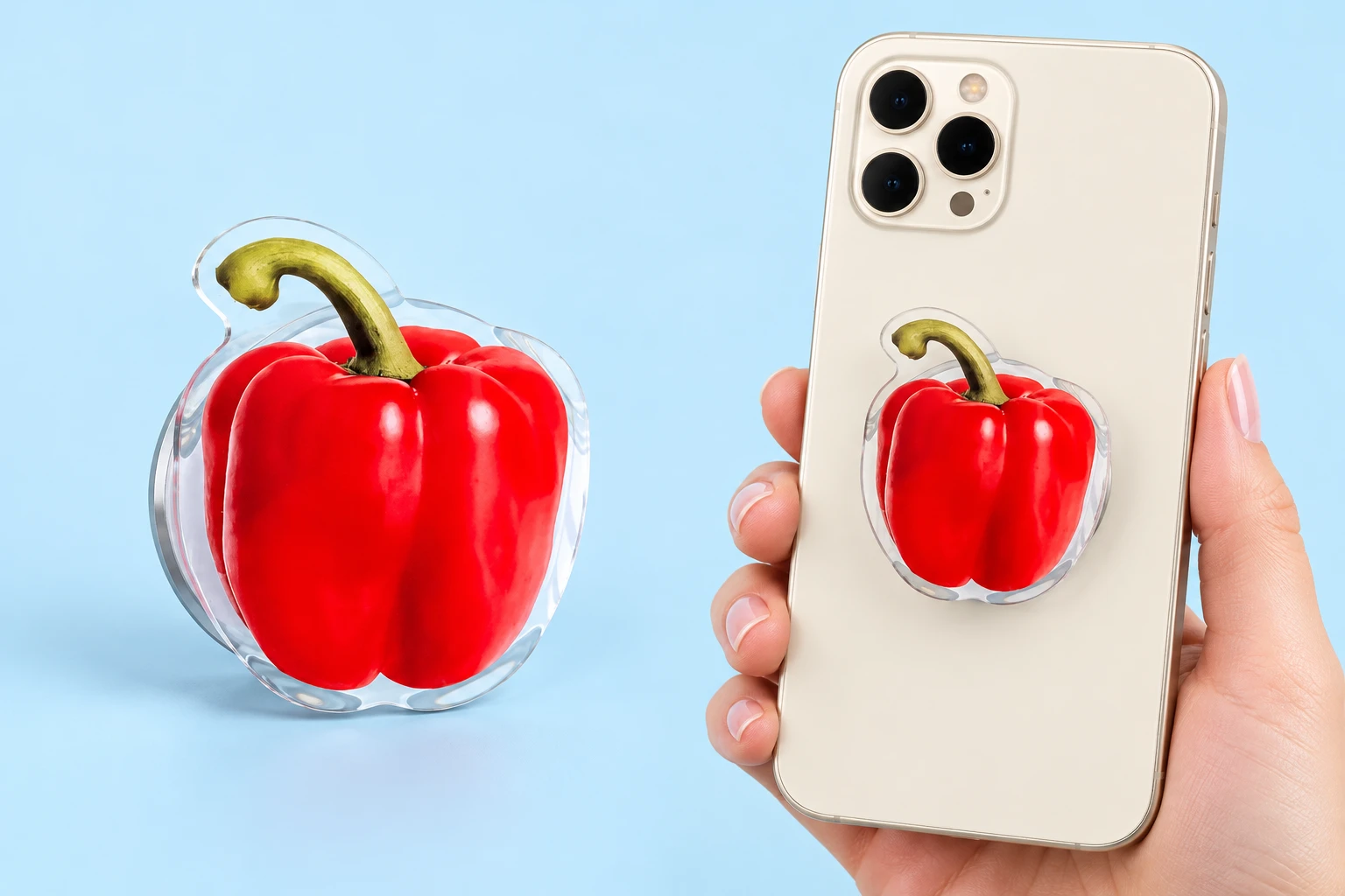 pepper die-cut magnetic expandable phone grip and illustrative flat phone mounting