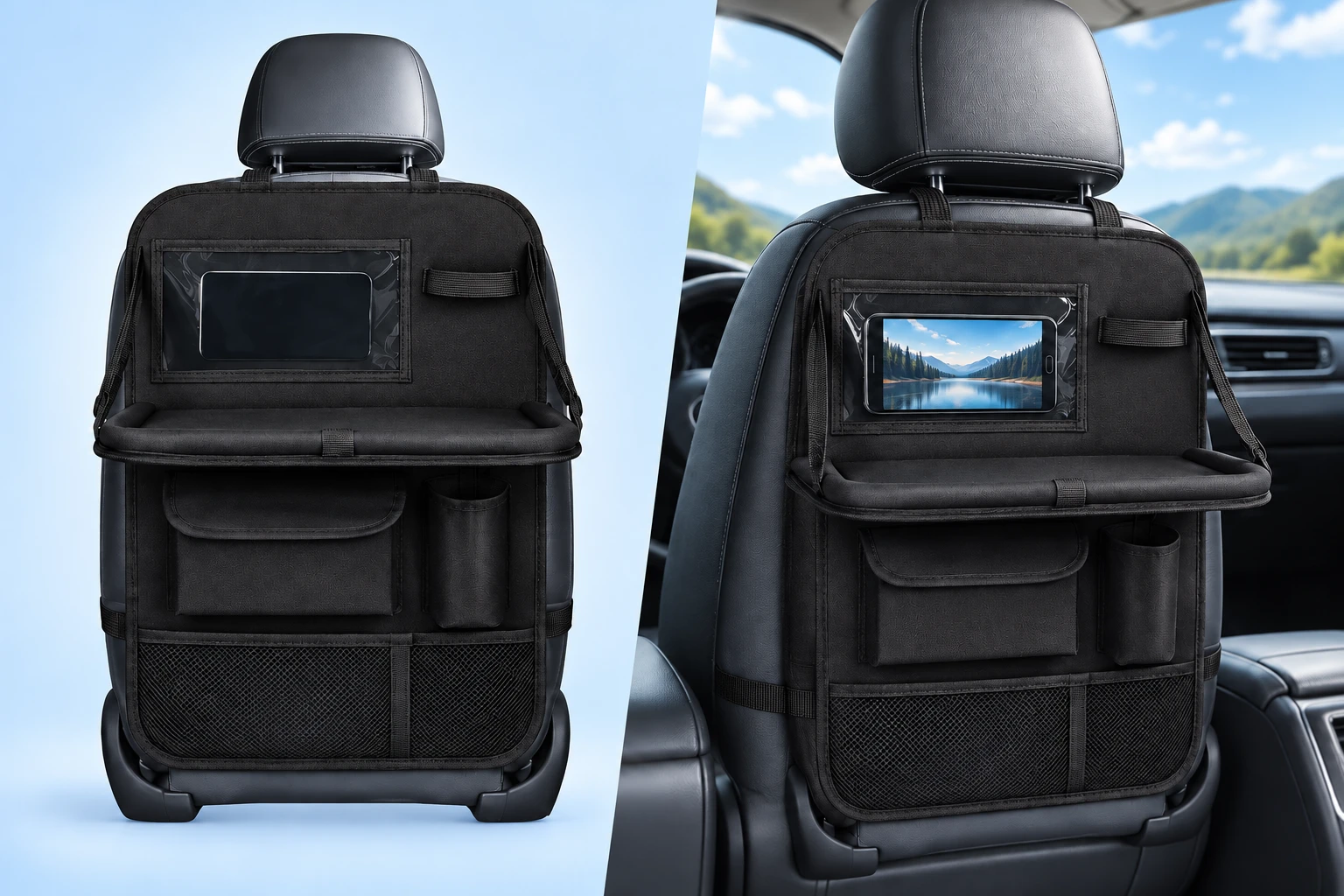 Black B Seatback Phone-Window Organizer with Fold-Down Tray; product and illustrative use on pale blue. Phone and scene props excluded.