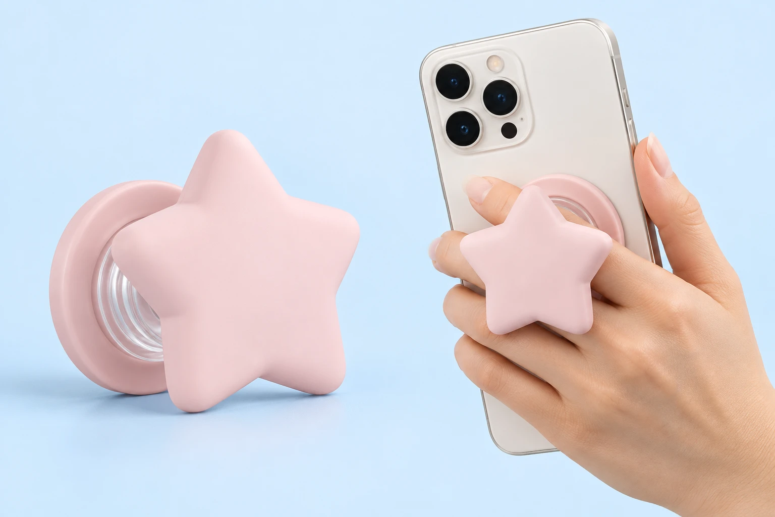 Dusty pink silicone star magnetic expandable phone grip and hand-use illustration