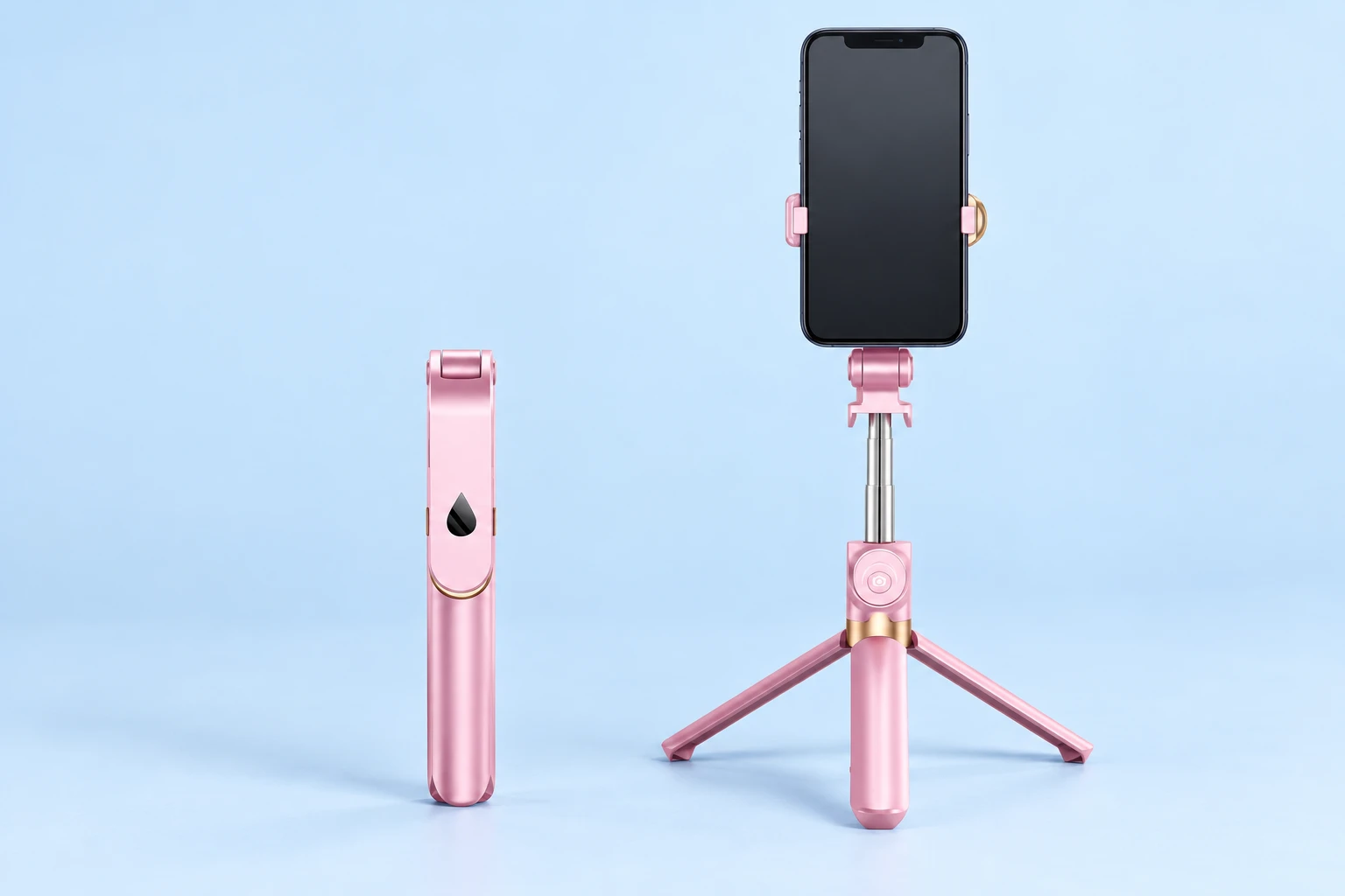 Standard pink compact selfie stick tripod with gold-tone collar, shown folded and deployed with a phone