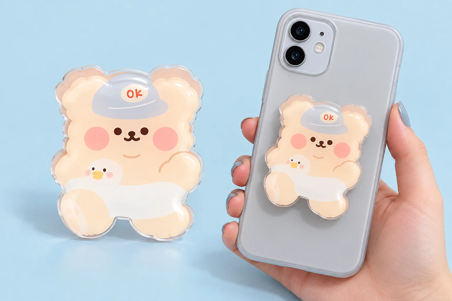 Blushing bear acrylic phone grip with gray OK hat and duck swim ring, shown in closed phone mounting