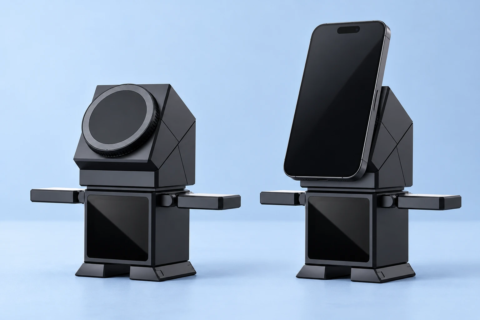 Dark-Gray Split-Head Robot Phone Dock; product and illustrative use on pale blue. Phone and scene props excluded.