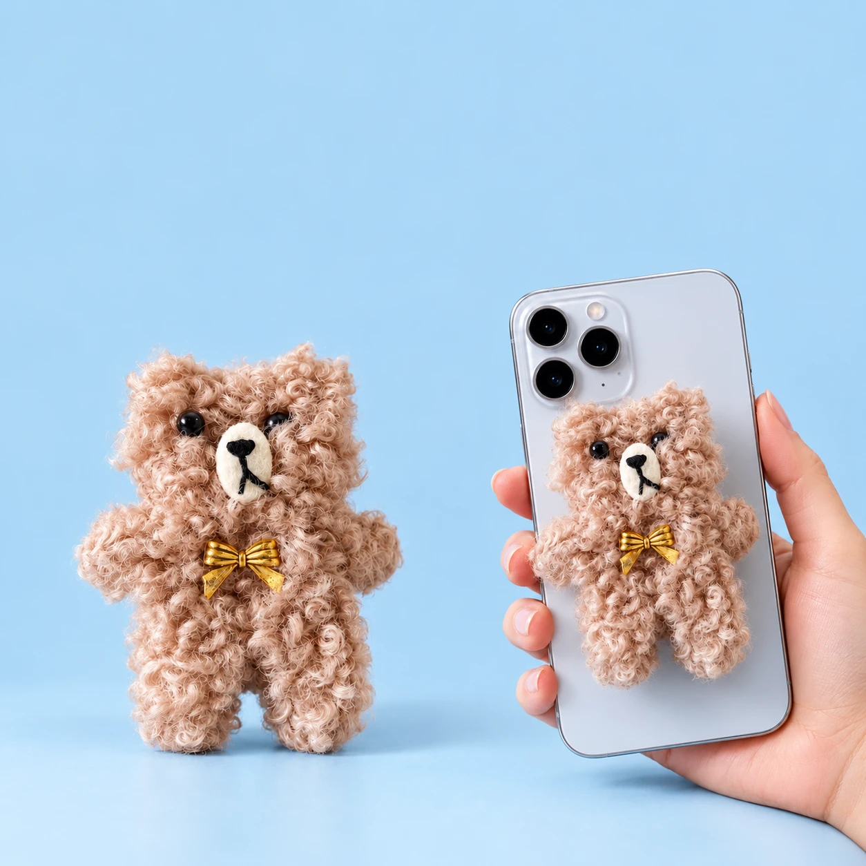Khaki curly-plush bow cat phone grip and illustrative closed phone-back placement, square composition